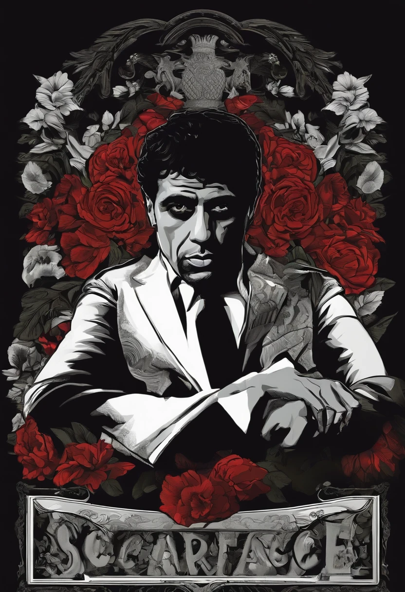 Scarface illustration for a sticker with a black background, em negrito estilo de contorno, bordas irregulares, Lixo, sombreamento claro