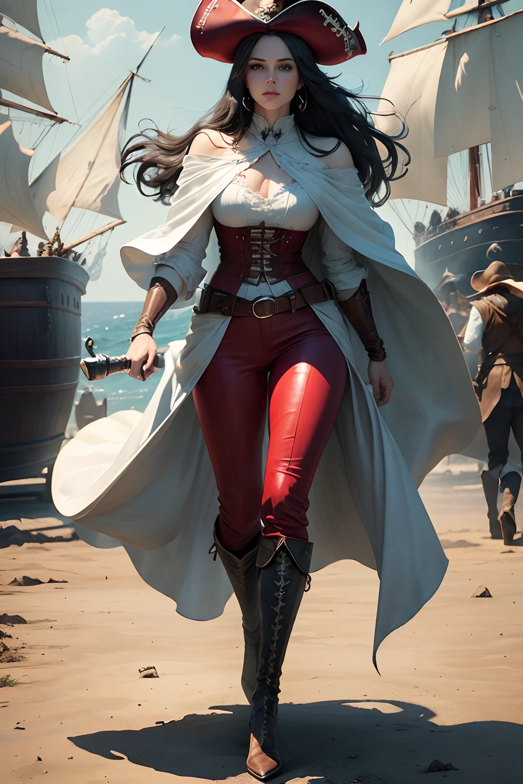 (((Masterpiece))), (((Highest Quality))), ((Ultra-Definition)), (High Definition CG Illustration)), ((Very Delicate and Beautiful)), (16K), ((Cinematic
light))), full body, cowboy shot, 1 female pirate, long black hair, wearing pirate captain's hat, bewitching beautiful face, turquoise eyes, manly courage and prowess, trusted by her friends, pirate ship, carrying saber and gun, long snake skin white boots and red pants, black cape, watercolor painting, Digital Art