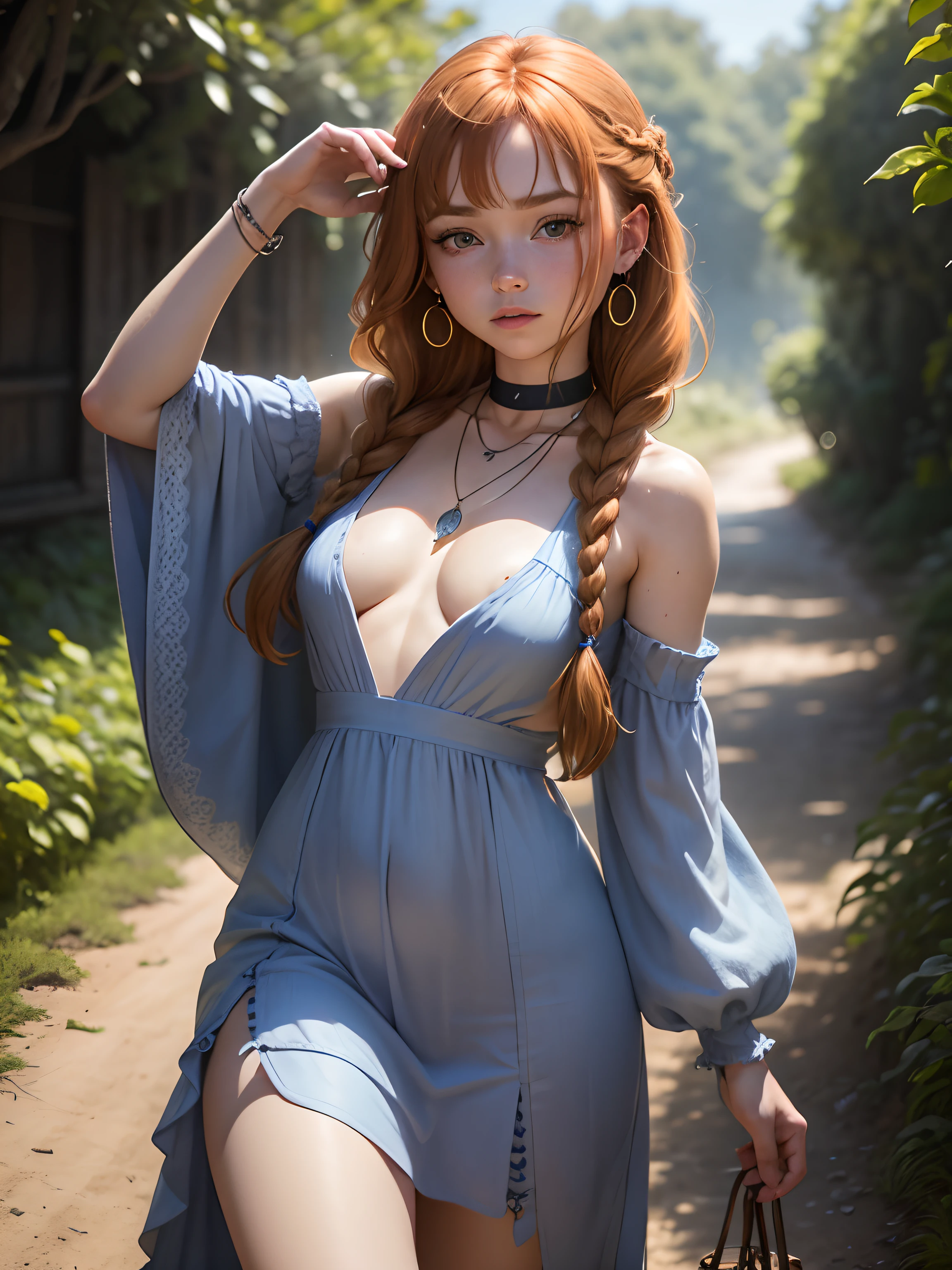 Sadie Sink, In the Lavate Movie, by Valerian Volochik, Erotic, 1girl in, Blue_Eyes, Blurry, Blurry_Background, braid, Choker,Naked,Depth_In the_field, Dress, earrings, Eyelashes, hitornfreckles, hair_Over_Shoulder, Jewelry, Lips, long_hair, long_sleeves, up looking_で_viewer, Necklace, Pendants,barechested, Realistic, Single_braid, Solo, twin_Braids, The upper part of the body_Body,Happy,Chest exposed,