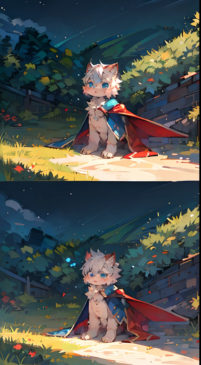 (Bright environment:0.8),Masterpiece,High quality,abstract res,Digital painting\(artwork of a\), by Dagasi,cuihongshi, Yupa,Kiyosan,(anthro,Fluffy fur,Character focus:1.1),anthro male cat,Short hair,Portrait , eyes with brightness, in a panoramic view, Character focus.(detailedbackground:0.7), shaggy, shaggy male, Adult male,malefocus, anthr,(Full Body Furry, Fluffy tail, Light blue fur, White belly,Deep blue eyes, White color hair:1.2), (long canines、Yellow cape、perspire、drools,flat lay:1.2),(outside、At noon、grassy fields、on a grassy field:1.1)