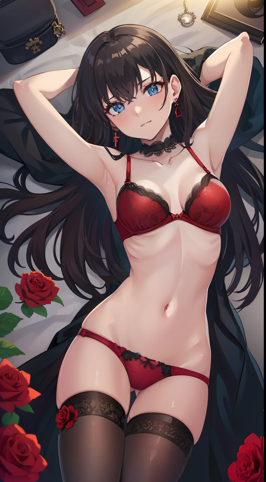 best quality, masterpiece, highres tyndall effect,photorealistic, dark studio, rim lighting, two tone lighting,(high detailed skin:1.2), 8k uhd, dslr, soft lighting, high quality, volumetric lighting, candid, Photograph, high resolution, 4k, 8k,1girl, black bra, black hair, blue eyes, bra, breasts, choker, closed mouth, cross, cross earrings, detached sleeves, earrings, floral print, jewelry, looking at viewer, lying, navel,on back, red nails, rose print, small breasts, solo, stomach, underwear, underwear only, wavy hair, Tohsaka Rin(Fate)