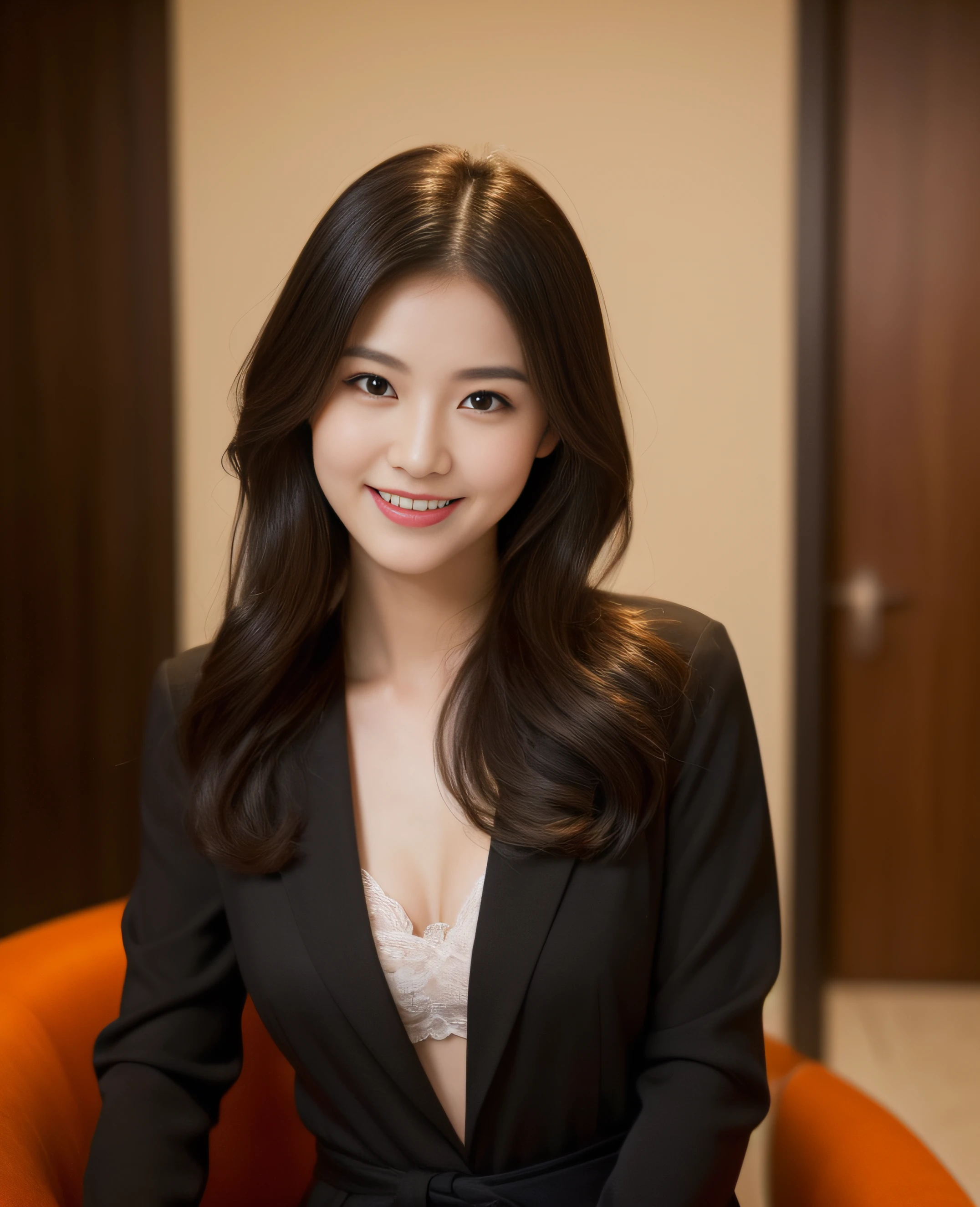 ((Top quality, 8K, Masterpiece: 1.3)), Beautiful girl, Pure, Melon face, Kind and cute, Sweet smile, Pure desire, Slender body, (Front), (Tilted head), ((Looking at camera) ), wearing a dark orange suit, black silky medium hair, long flowing shoulders, normal chest, round black big eyes, clear big eyes, moist red lips, sweet, sitting on a chair, hotel The background of the room, (((waist shot))), ,