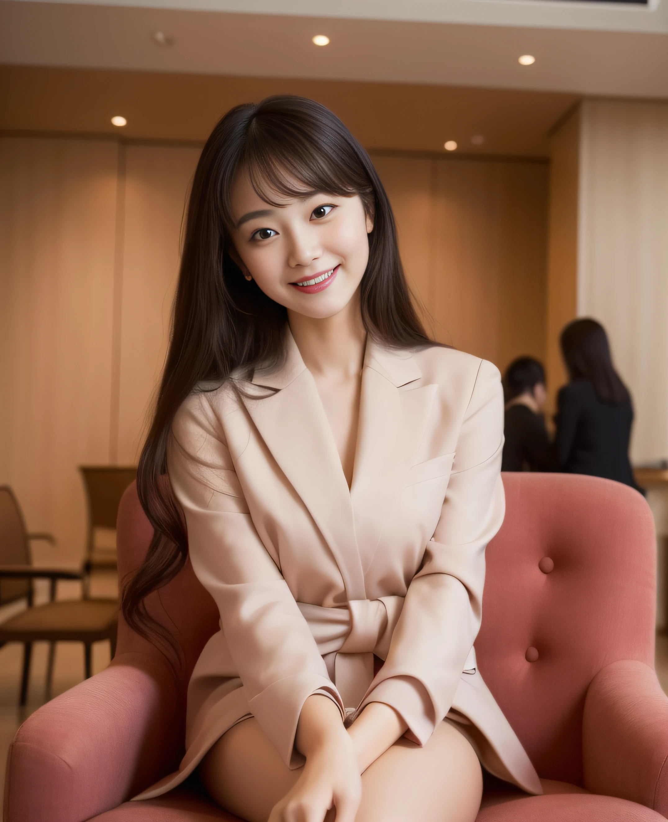 ((Top quality, 8K, Masterpiece: 1.3)), Beautiful girl, Pure, Melon face, Kind and cute, Sweet smile, Pure desire, Slender body, (Front), (Tilted head), ((Looking at camera) ), wearing a Tutuji Pink suit, black silky long hair, long flowing shoulders, normal chest, round black big eyes, clear big eyes, moist red lips, sweet, sitting on a chair, hotel The background of the room, (((waist shot))),