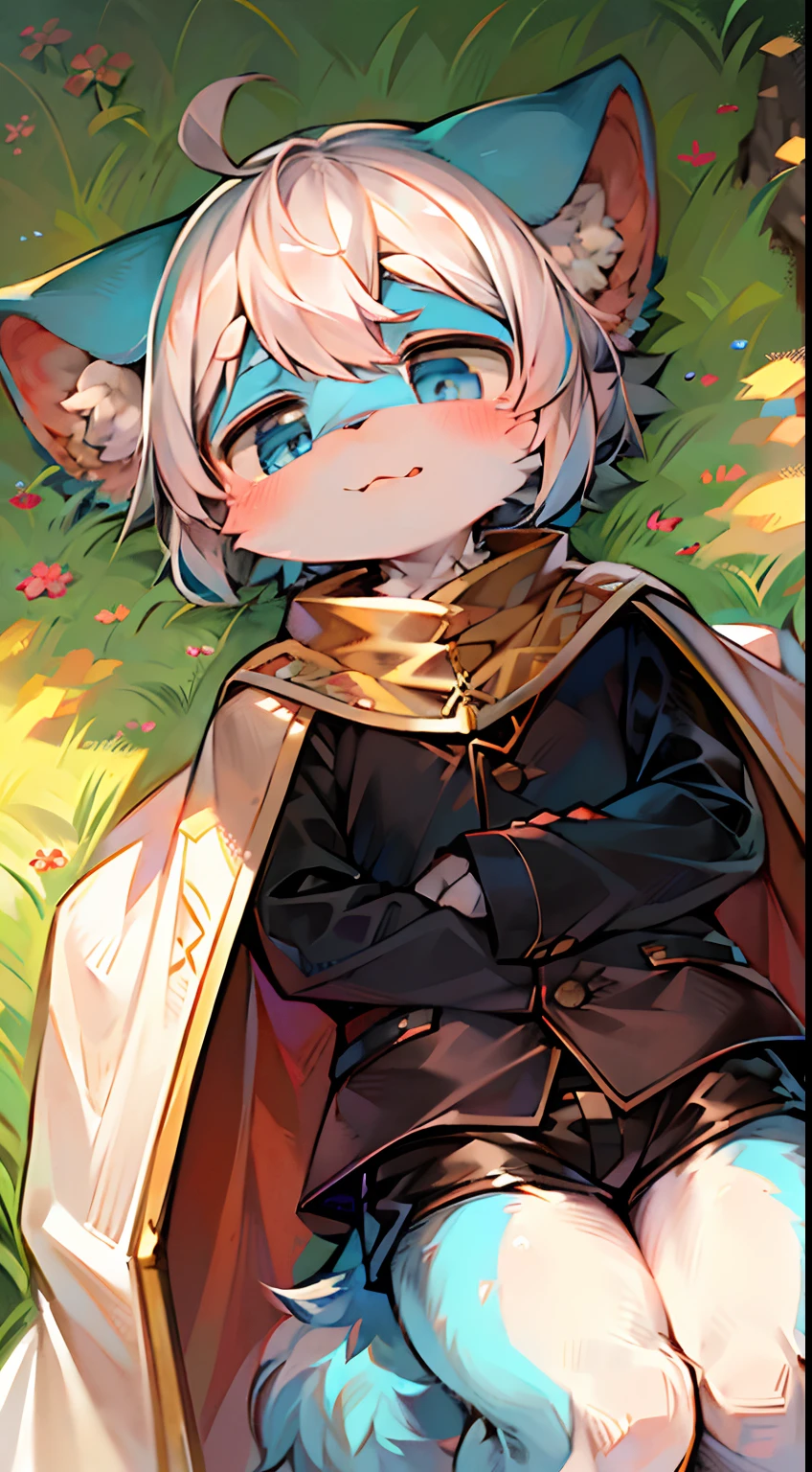 (Bright environment:0.8),Masterpiece,High quality,abstract res,Digital painting\(artwork of a\), by Dagasi,cuihongshi, Yupa,Kiyosan,(anthro,Fluffy fur,Character focus:1.1),anthro male cat,Short hair,Portrait , eyes with brightness, in a panoramic view, Character focus.(detailedbackground:0.7), shaggy, shaggy male, Adult male,malefocus, anthr,(Full Body Furry, Fluffy tail, Light blue fur, White belly,Deep blue eyes, White color hair:1.2), (long canines、Yellow cape、perspire、drools,flat lay:1.2),(outside、At noon、grassy fields、on a grassy field:1.1)