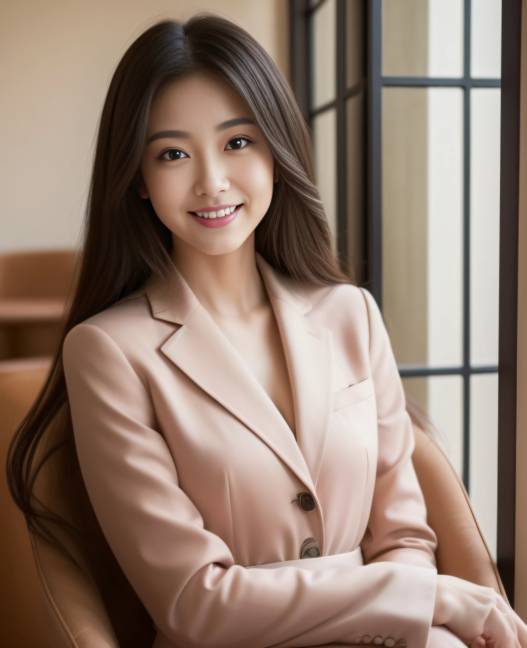 ((Top quality, 8K, Masterpiece: 1.3)), Beautiful girl, Pure, Melon face, Kind and cute, Sweet smile, Pure desire, Slender body, (Front), (Tilted head), ((Looking at camera) ), wearing a Tutuji Pink suit, black silky long hair, long flowing shoulders, normal chest, round black big eyes, clear big eyes, moist red lips, sweet, sitting on a chair, hotel The background of the room, (((waist shot))),