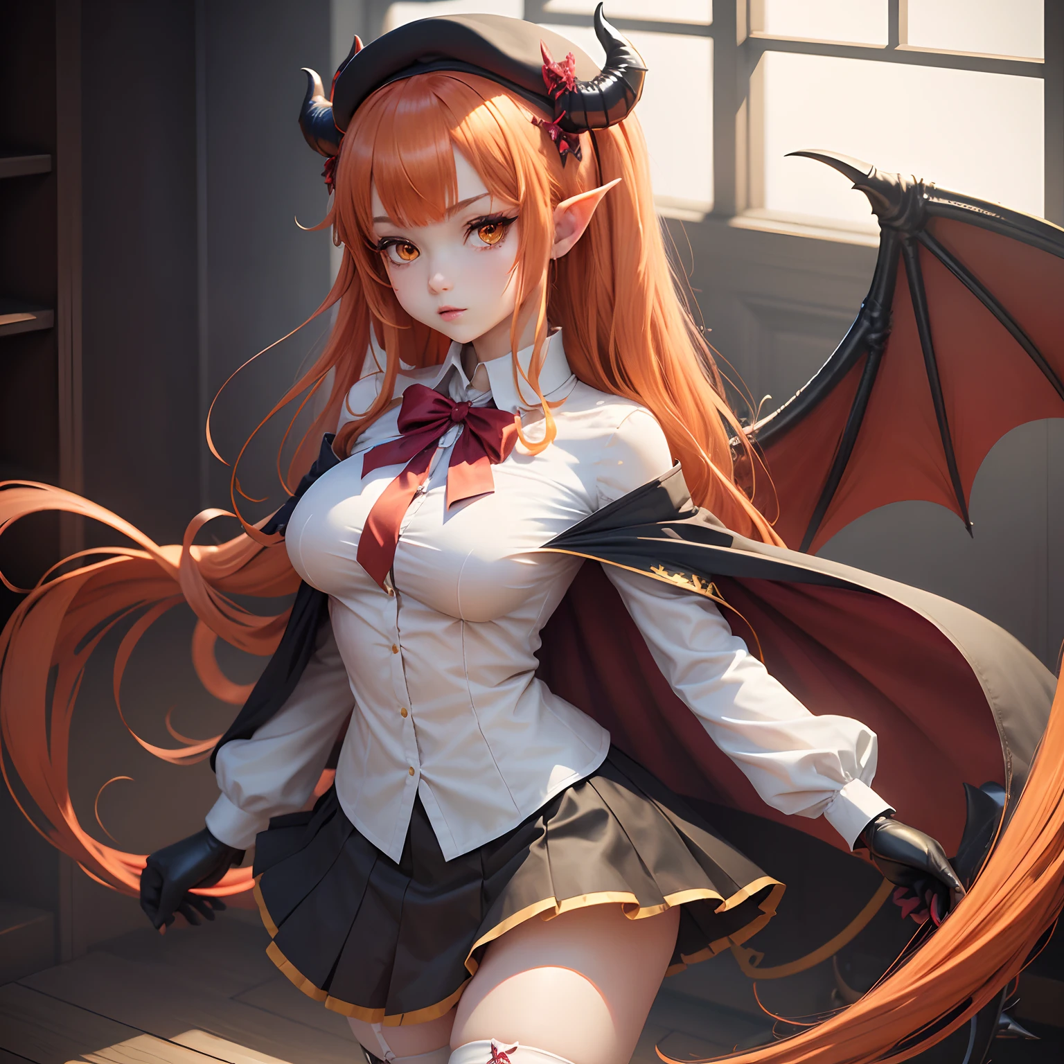 masutepiece, Best Quality, 1girl in, Solo, Yellow eyes, Red hair, Medium chest, Demon Girl, demon tail, Demon Wings, small demonic horns, pointy ear,Twin-tailed, Bat hair ornament, Cape, White shirt, White legwear, stuffed toy, plushies, beret, gloves, Bangs, hat,fullnude,All ,(Soft skin texture),Open your crotch,take bath,taking shower,enter hot spring,,urinate,Foam on the body,Sex in bed,Open the crotch,White foam flows out of the crotch,Gel bukkake,pissing,AHE Face,Open your crotch and press it against the camera,climax,,convulsion、Squirting,