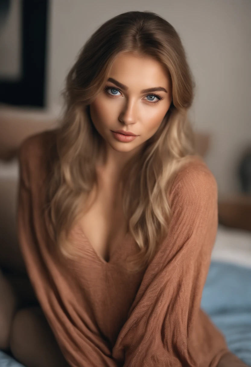 Arafed Full Woman, Sexy Girl with Blue Eyes, , Ultra Realistic, Meticulously Detailed, Portrait of Sophie Mudd, Blonde Hair and Big Eyes, Selfie of a Young Woman, Bedroom Eyes, Violet Myers, No Makeup, Natural Makeup, Looking Directly at the Camera, face artgram, subtle make-up, Impressive photo of the whole body kneeling on the bed, In the bedroom, Medium and large size chest, allowing the face to be seen clearly, portrait