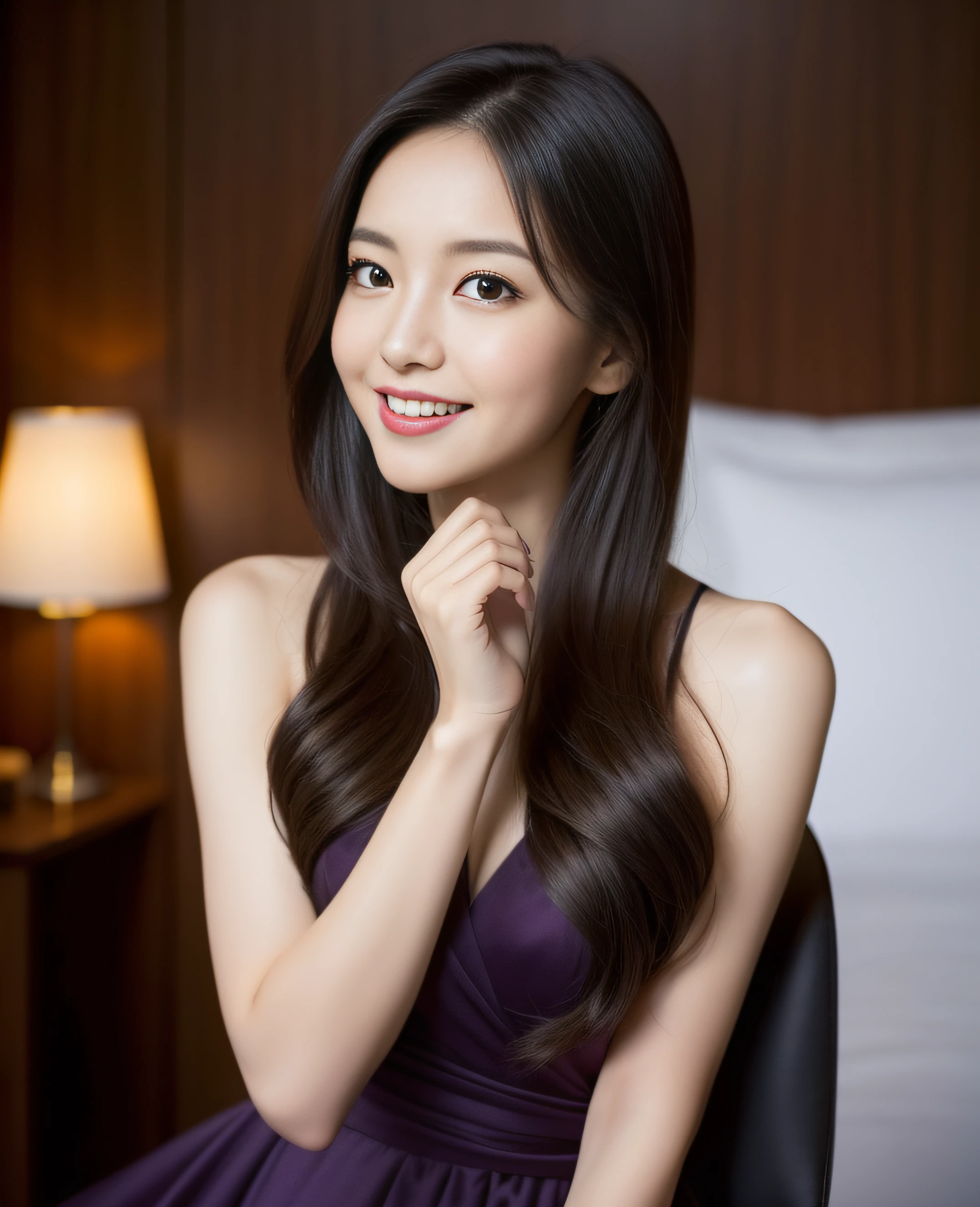 ((Top quality, 8K, Masterpiece: 1.3)), Beautiful girl, Pure, Melon face, Kind and cute, Sweet smile, Pure desire, Slender body, (Front), (Tilted head), ((Looking at camera) ), wearing a dark purple colored suit, black silky long hair, long flowing shoulders, round black big eyes, clear big eyes, moist red lips, sweet, sitting on a chair, hotel room background ,(((waist shot))),,