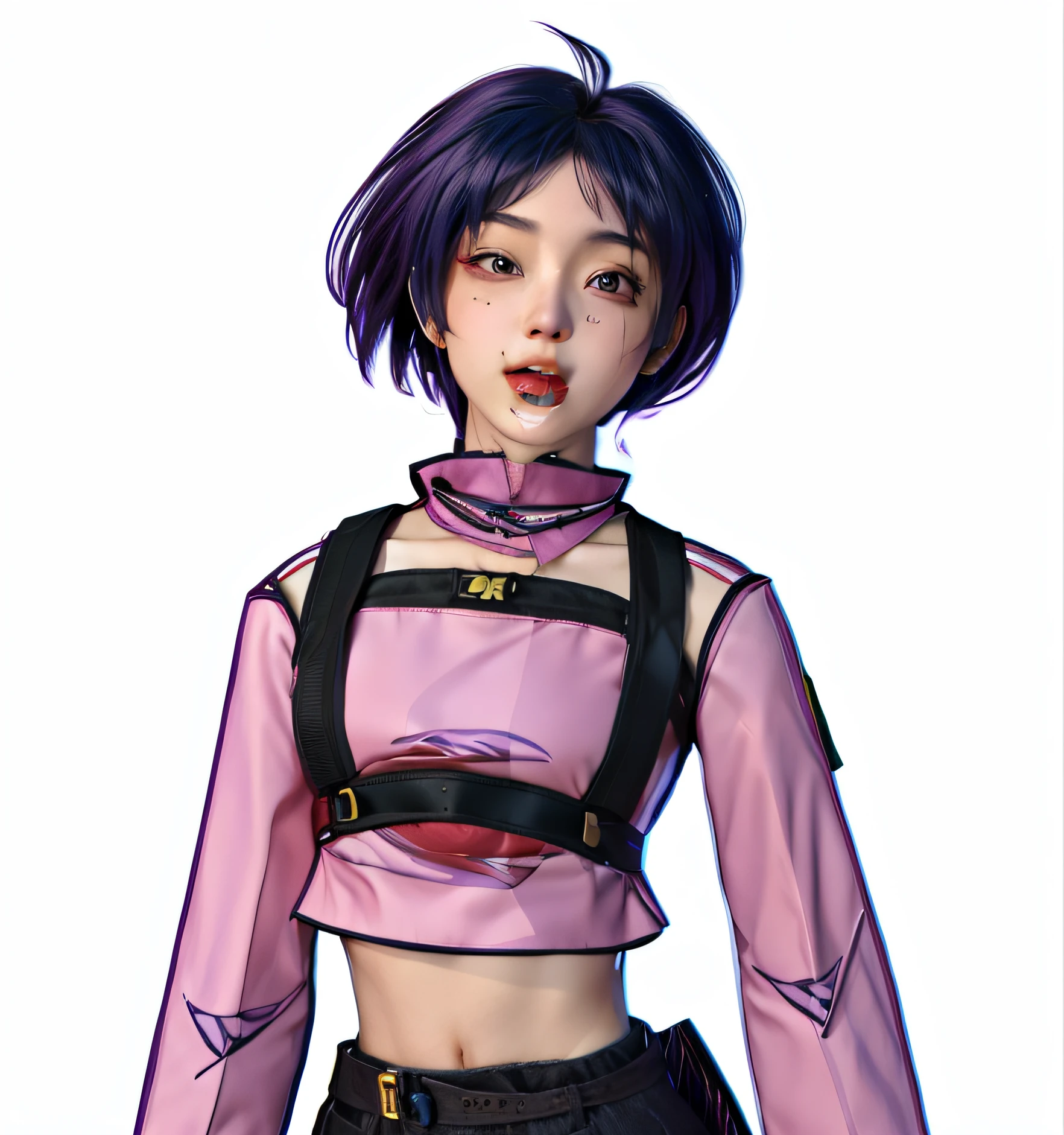 Chica de anime con un top lavanda y falda negra posando para una foto,Render de una linda chica de anime 3D, Anime estilo 3D, Personaje de estilo anime, inspirado por momo hirai,personaje ciberpunk, arneses negros, chica japonesa, pelo corto negro, proporciones realistas