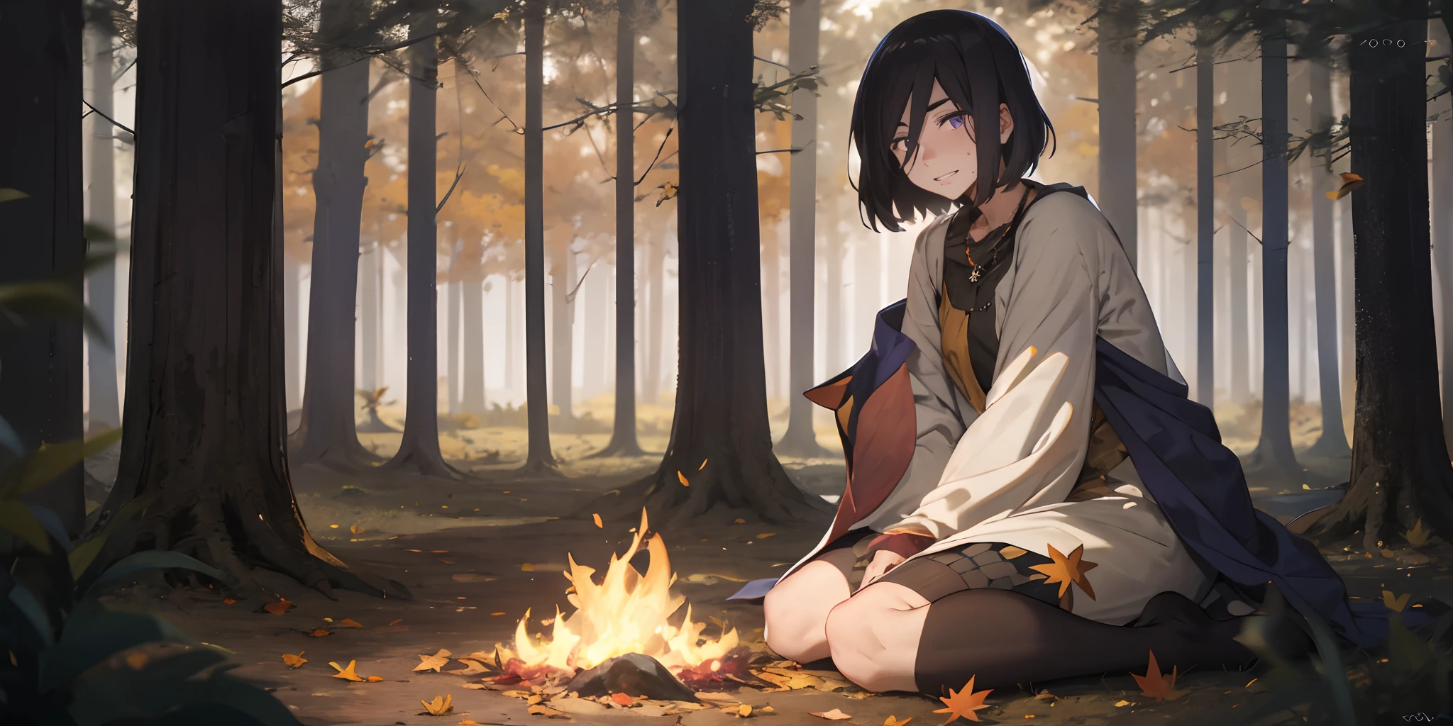 izumi_nase, short hair, black hair, purple eyes, jewelry, neckalce, 1girl, solo, nature, wide_sleeves, forest, tree, black_legwear, long_sleeves, sitting, looking_at_viewer, outdoors, autumn_leaves, autumn, jewelry, fire, insect, bug, dress, butterfly, blush