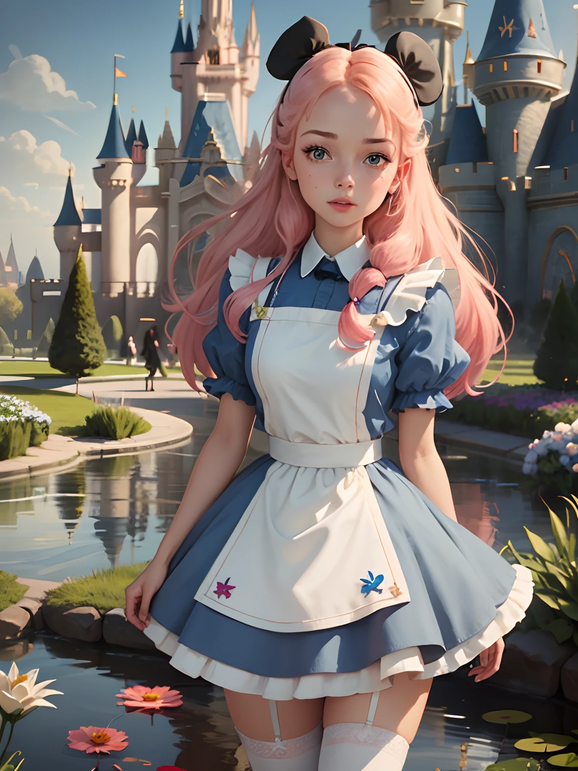 (masterpiece), (best quality), (extremely detailed), Malicious Alice liddell, blue dress, white apron, long pink hair, black hairband, white stockings, showing rude string thong cute pose, in a flower garden, (pond), (((disney castle at the background))), (blue sky), (sunny day), 3d. Illustration, Good Highlights, Perfect Proportions, dynamic, Professional, Award winning, (high detailed skin), (high detailed face), photorealistic, HDR, ultra highres, absurdres,