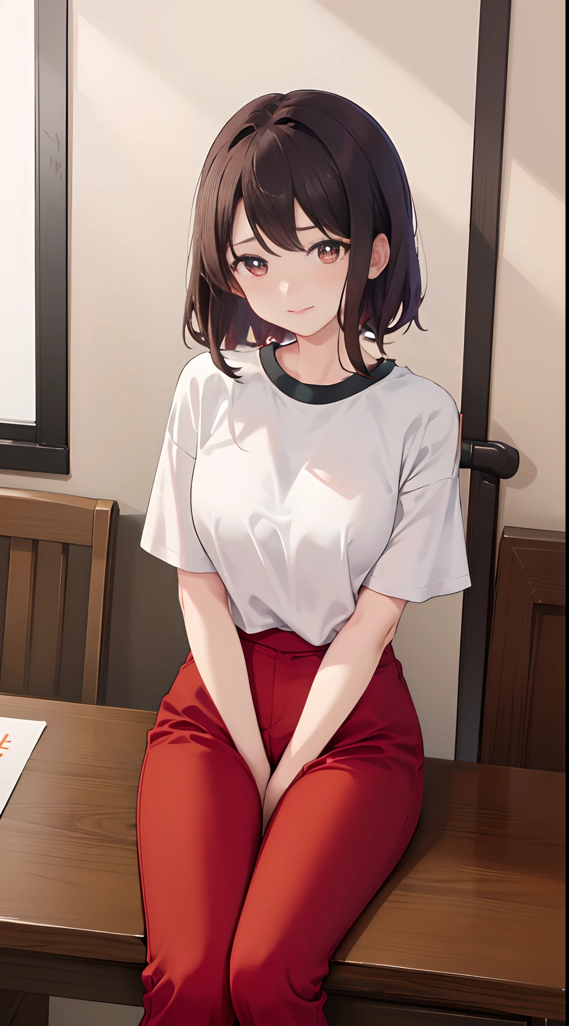 1girll, 独奏, Wear a solid red T-shirt,Brown pants,Sit at the table,The chest is large,Perfect hands,Black pupils,Exposing thighs,Barefoot