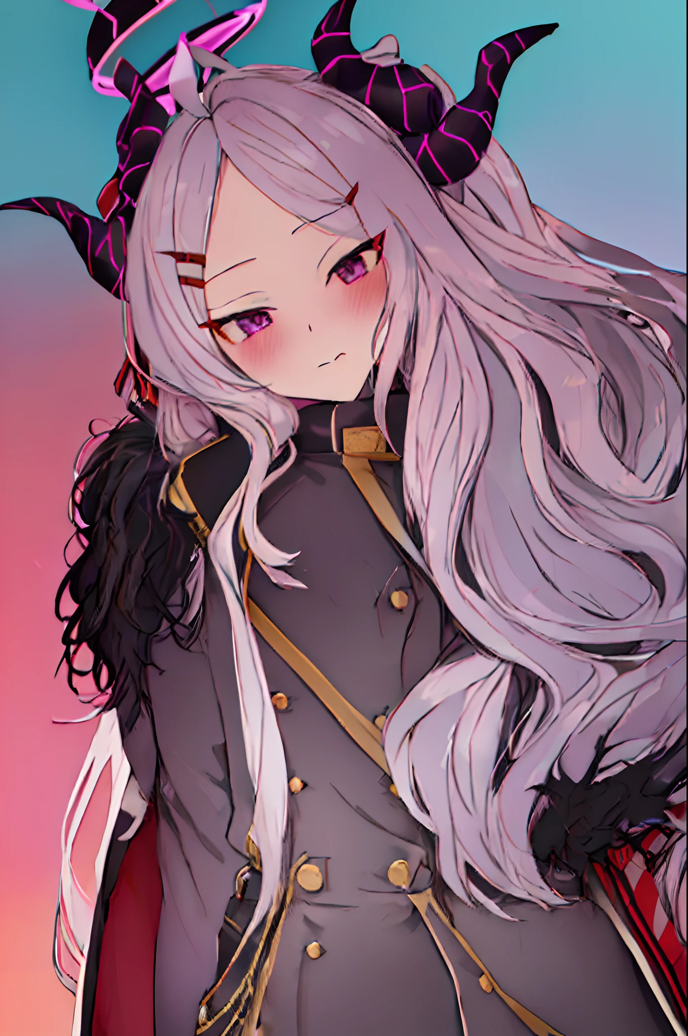 Best quality, Masterpiece, A high resolution, Solo, {Hina_bluearchive:1.15}, Long_Hair, White_Hair, Horns, bangs, purple_Eyes, parted_bangs, ahoge, demon_Horns, Hair_decorations, hair pin, Halo, Blush, multiple_Horns, Very_Long_Hair, 1girll, Coat, Forehead, fur_Trim, Military, Military_uniform, uniform, The upper part of the body_Body, Closed_Mouth, fur_Collar, Looking_at_peeping at the viewer