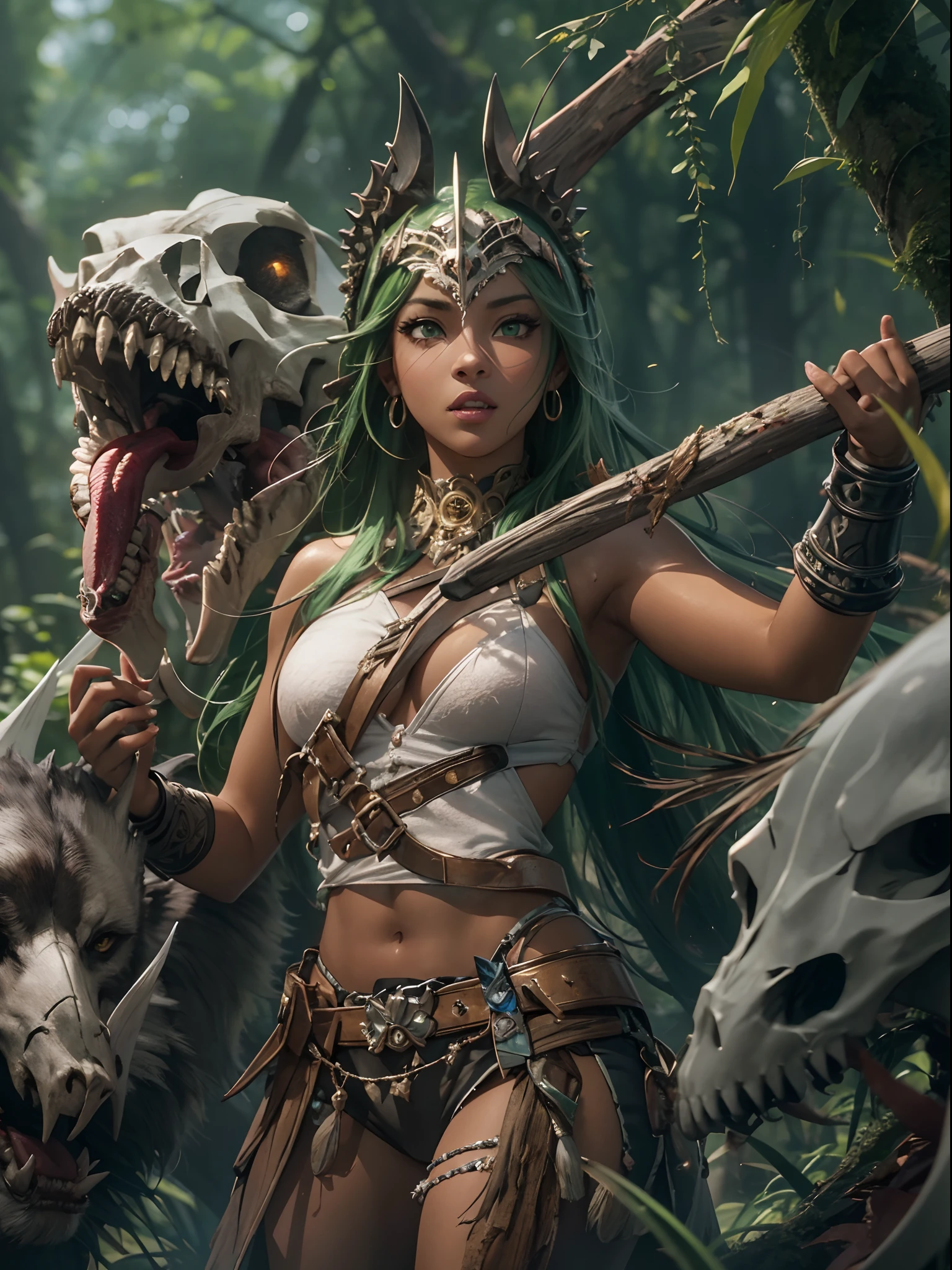 masterpiece, best quality, ultra-detailed, extremely delicate and beautiful, illustration, dynamic lighting, 1girl, Dark-skinned Amazonian female warrior, green eyes, white eyeliner, green hair, fang, tusk, bone armor, plunderer, skull headgear, beast skin, Buddy Velociraptor After hunting, grill the meat and enjoy it, 8K post-production, high resolution, ((highly detailed)), depth of field, HDR, intricate