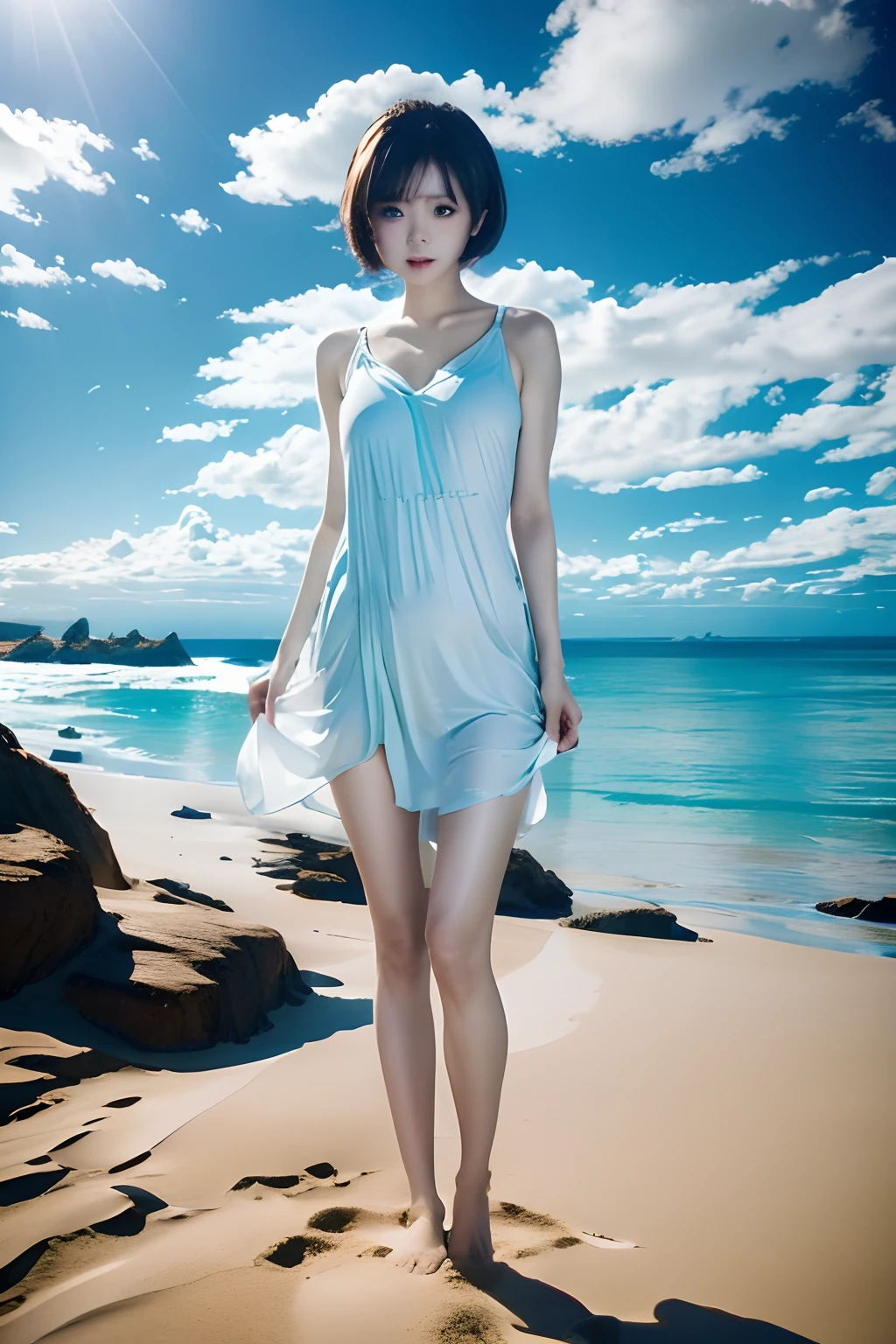 top-quality、masuter piece、ultra-detailliert、8ｋ、Ultra-high resolution、独奏、1人の女性、、a short bob、Wolfcut、T-shirt style dresses, V-neck、Photographed with the sea in the background、beach、bare-legged、((White sandy beach、Horizon、Blue Sea:1.2))、Great barrier reef、blue open sky、cumulonimbus clouds、Natural light、Professional Photographer、Raw photography、Photorealistic,