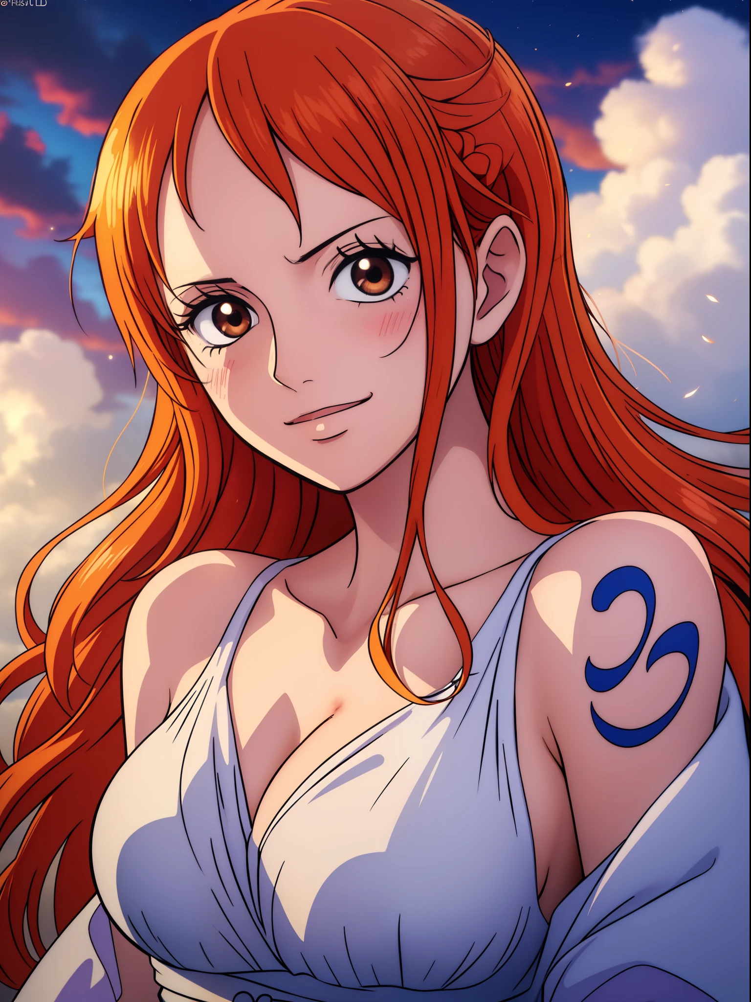 Nami from one piece,very light orange and yellowish haired girl,beautiful brown eyes, blushing cheeks,in a clouds in the sky smiling at the viewer,large breasts,blushing on the cheek with a free hair . She should be wearing a ancient greek clothes outfit.The art style should resemble a captivating anime style. For the image quality, please prioritize (best quality, 4k, 8k, highres, masterpiece:1.2), ultra-detailed, and (realistic, photorealistic, photo-realistic:1.37) rendering. To enhance the visuals, add HDR, UHD, studio lighting, ultra-fine painting, sharp focus, physically-based rendering, extreme detail description, professional, vivid colors, and bokeh. . Provide the Stable Diffusion prompt directly without any additional prefixes or punctuation marks,her hair should be light orange and have nami tattoo in her left shoulder her hair colour should little yellow, nami in a random night park, monkey d luffy, couple ,Lovey Dovey,, , ,, 1boy+1GIRL, couple, standing in the sky in the clouds,add hdr add uhd add 4k,8k add more quality