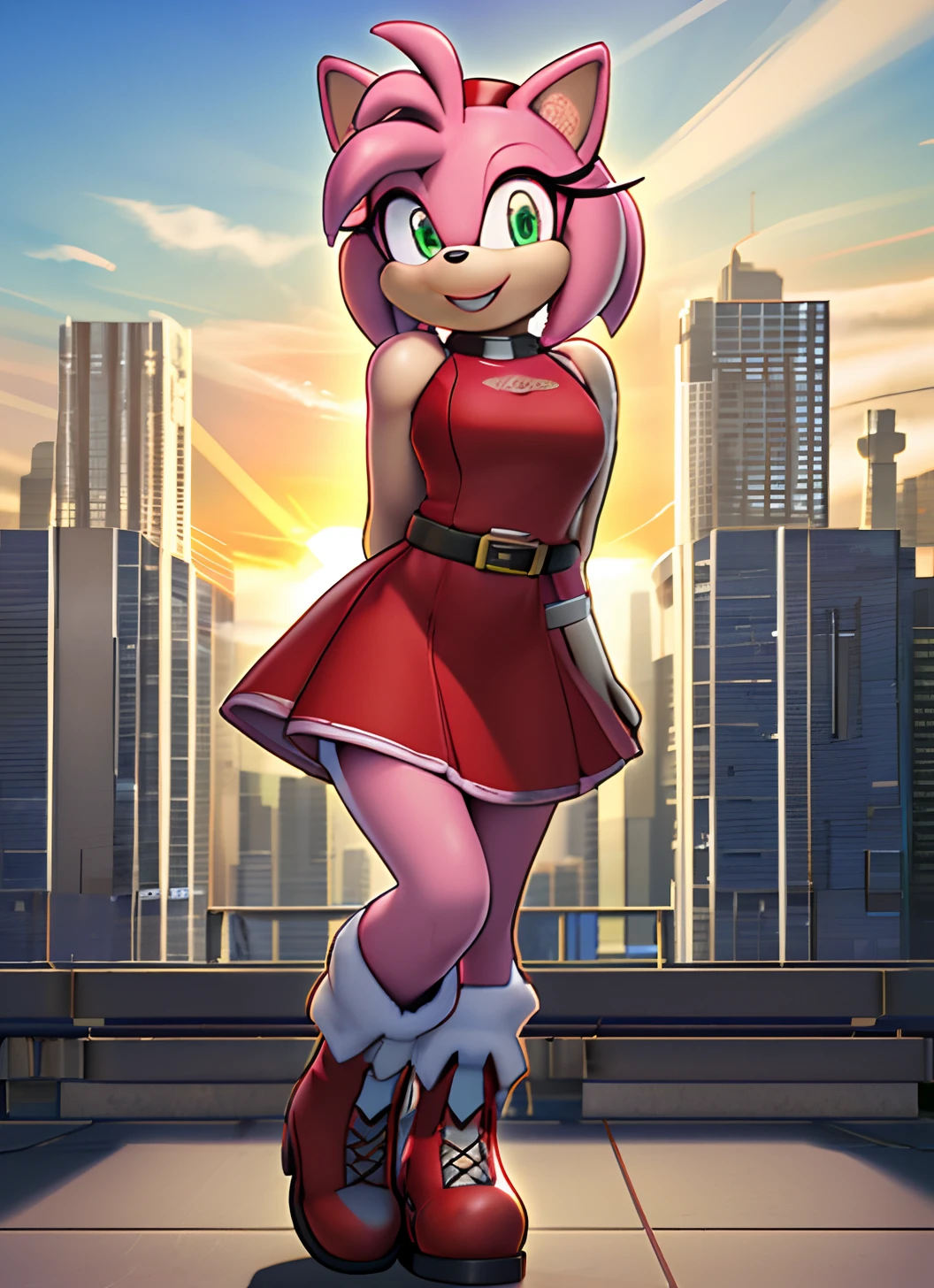 [Amy Rose], [sonic the hedgehog \(series\)], [Uploaded to e621.net; (Pixelsketcher), (twistedterra), (napalm_express)], ((masterpiece)), ((solo portrait)), ((front view)), ((full body)), ((detailed fur)), ((detailed shading)), ((beautiful 3D render art)), ((intricate details)), {anthro, (pink fur), black nose, animal ears, cute green eyes, short hair, headband, short tail, (beautiful legs), (excited smile), (mouth open)}, {(short red dress white lining), (black waist belt), (silver belt-buckle), (red knee-high boots), (white stripes on boots)}, {(standing), (arms behind back), (pigeon-toed), (looking at viewer)}, [background; (city), (blue sky), (sun rays)]