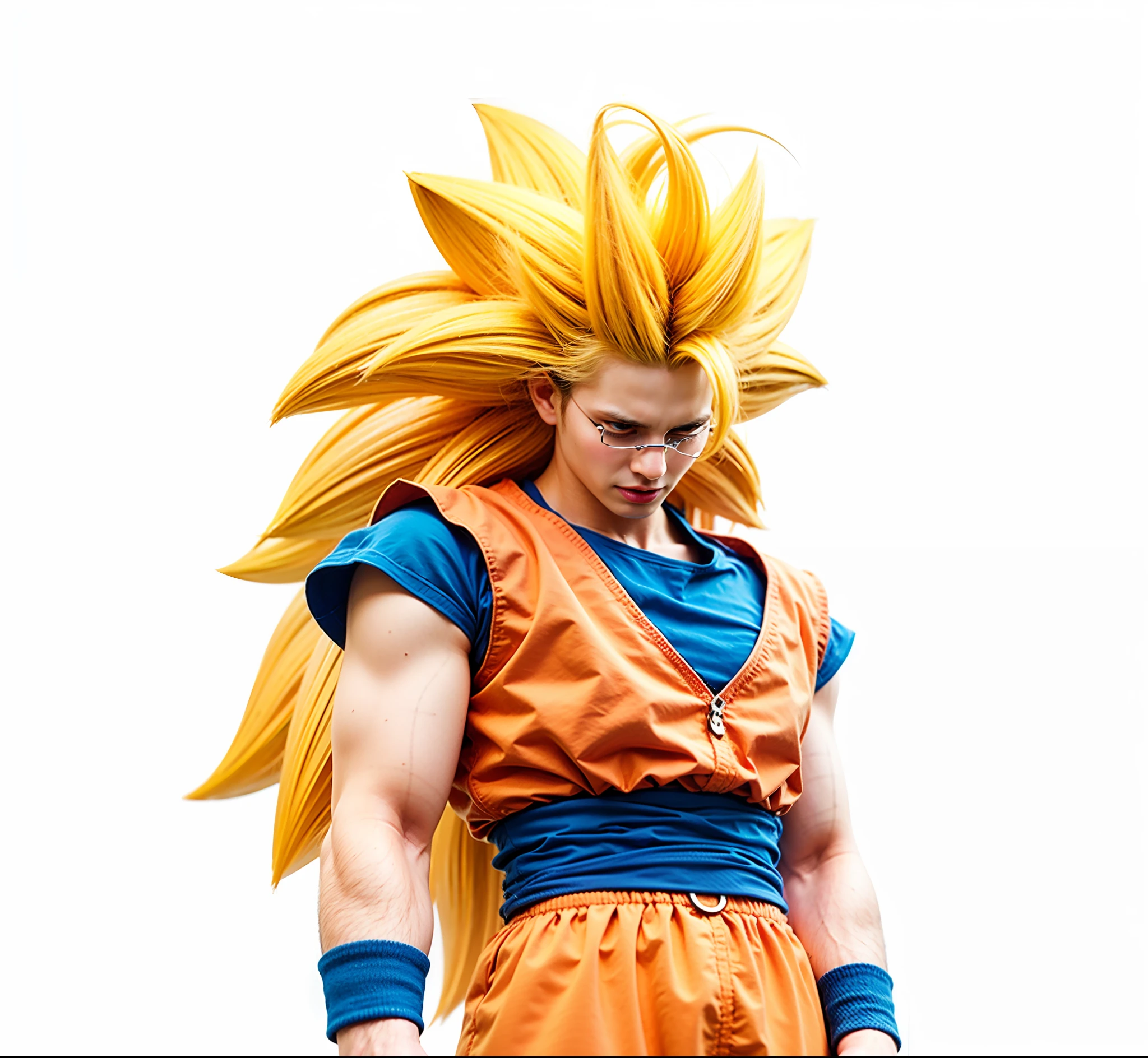 male character, with long yellow hair, orange sleeveless top shirt, blue shirt underneath, blue waist belt, blue cloth bracelet