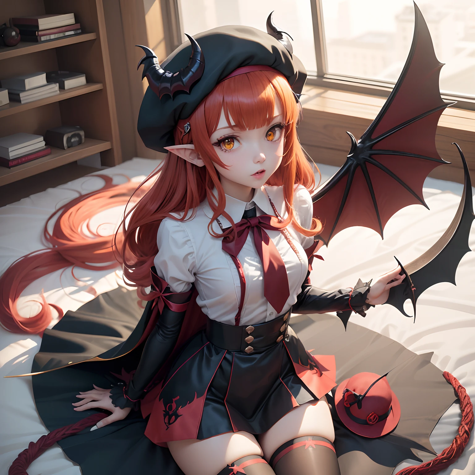 masutepiece, Best Quality, 1girl in, Solo, Yellow eyes, Red hair, tiny chest, Demon Girl, demon tail, Demon Wings, small demonic horns, pointy ear,Twin-tailed, Bat hair ornament, Cape, White shirt, White legwear, stuffed toy, plushies, beret, gloves, Bangs, hat