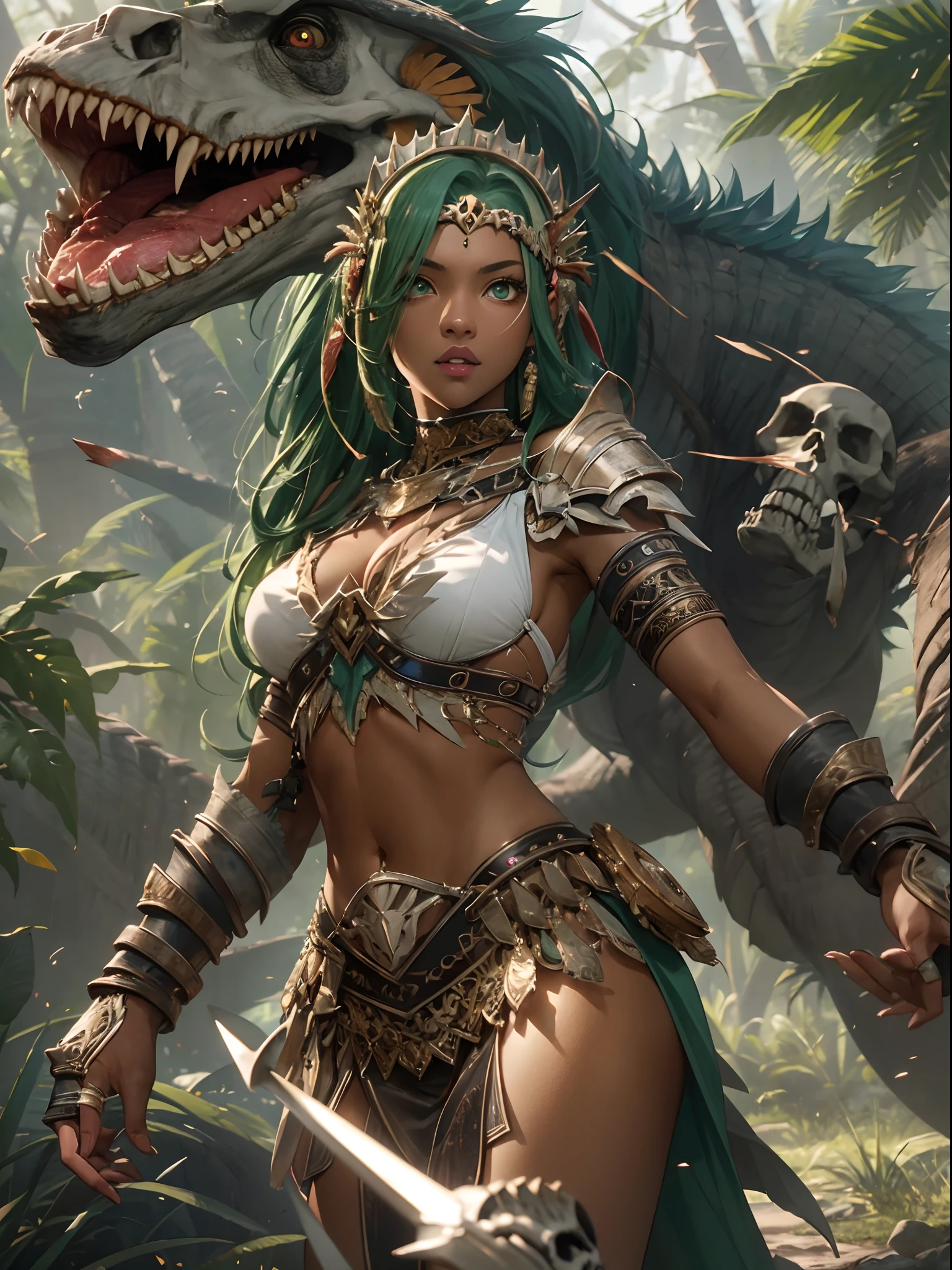 masterpiece, best quality, ultra-detailed, extremely delicate and beautiful, illustration, dynamic lighting, 1girl, Dark-skinned Amazonian female warrior, green eyes, white eyeliner, green hair, fang, tusk, bone armor, plunderer, skull headgear, beast skin, Buddy Velociraptor After hunting, grill the meat and enjoy it, 8K post-production, high resolution, ((highly detailed)), depth of field, HDR, intricate