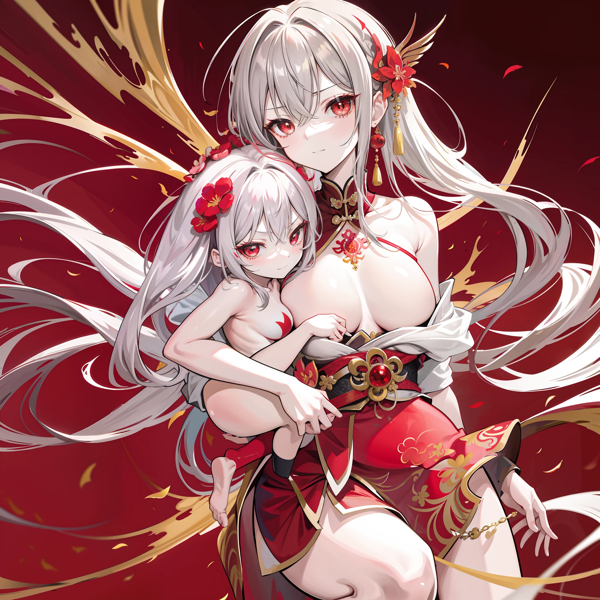 Masterpiece, Best quality,   Gold and red theme,  Suzaku fairy, Delicate messy gray hair, Big eyes,Naked breasts，Avenue evolution，mistic，Chinese style，Squeeze into crowded classrooms，debilitated，（Crowded classrooms：2）， sister，（Breastfeed your child：rvert smirk