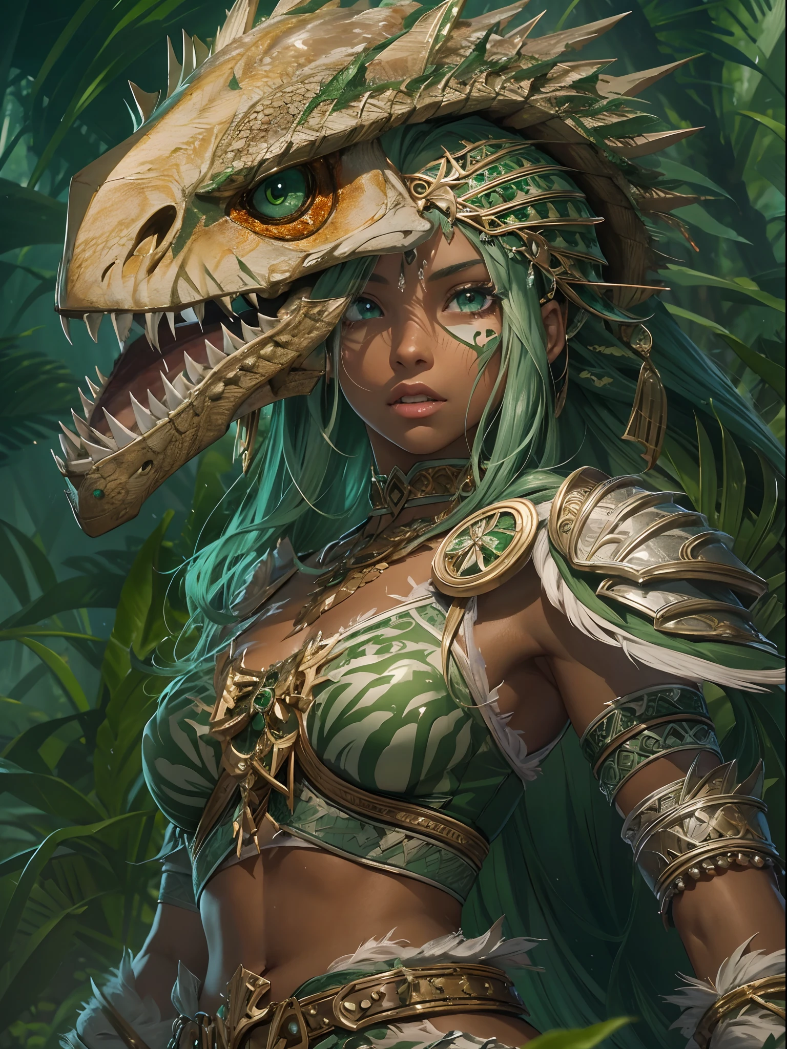 masterpiece, best quality, ultra-detailed, extremely delicate and beautiful, illustration, dynamic lighting, 1girl, Dark-skinned Amazonian female warrior, green eyes, white eyeliner, green hair, fang, tusk, bone armor, plunderer, skull headgear, beast skin, Buddy Velociraptor After hunting, grill the meat and enjoy it, 8K post-production, high resolution, ((highly detailed)), depth of field, HDR, intricate