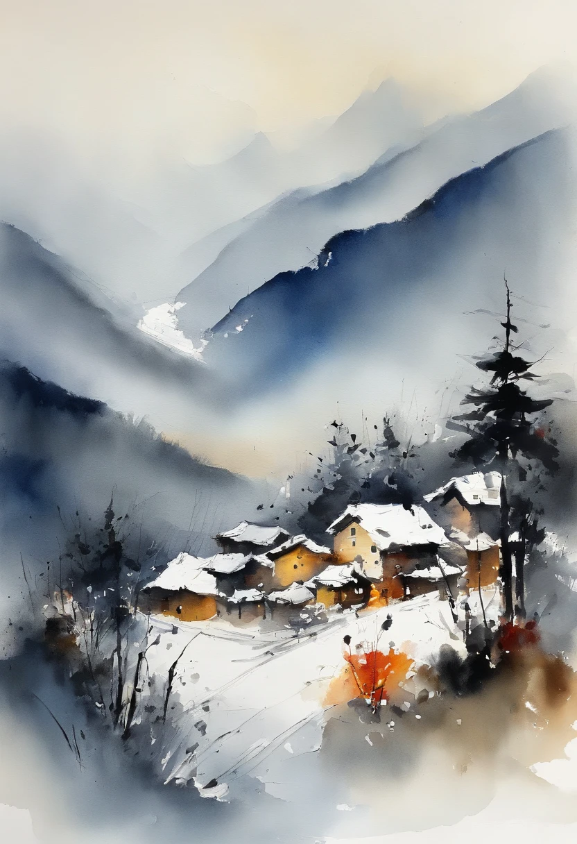 chinese ink brush and watercolor painting、Winters、snow mountains、city in forest, straight lines from buildings,