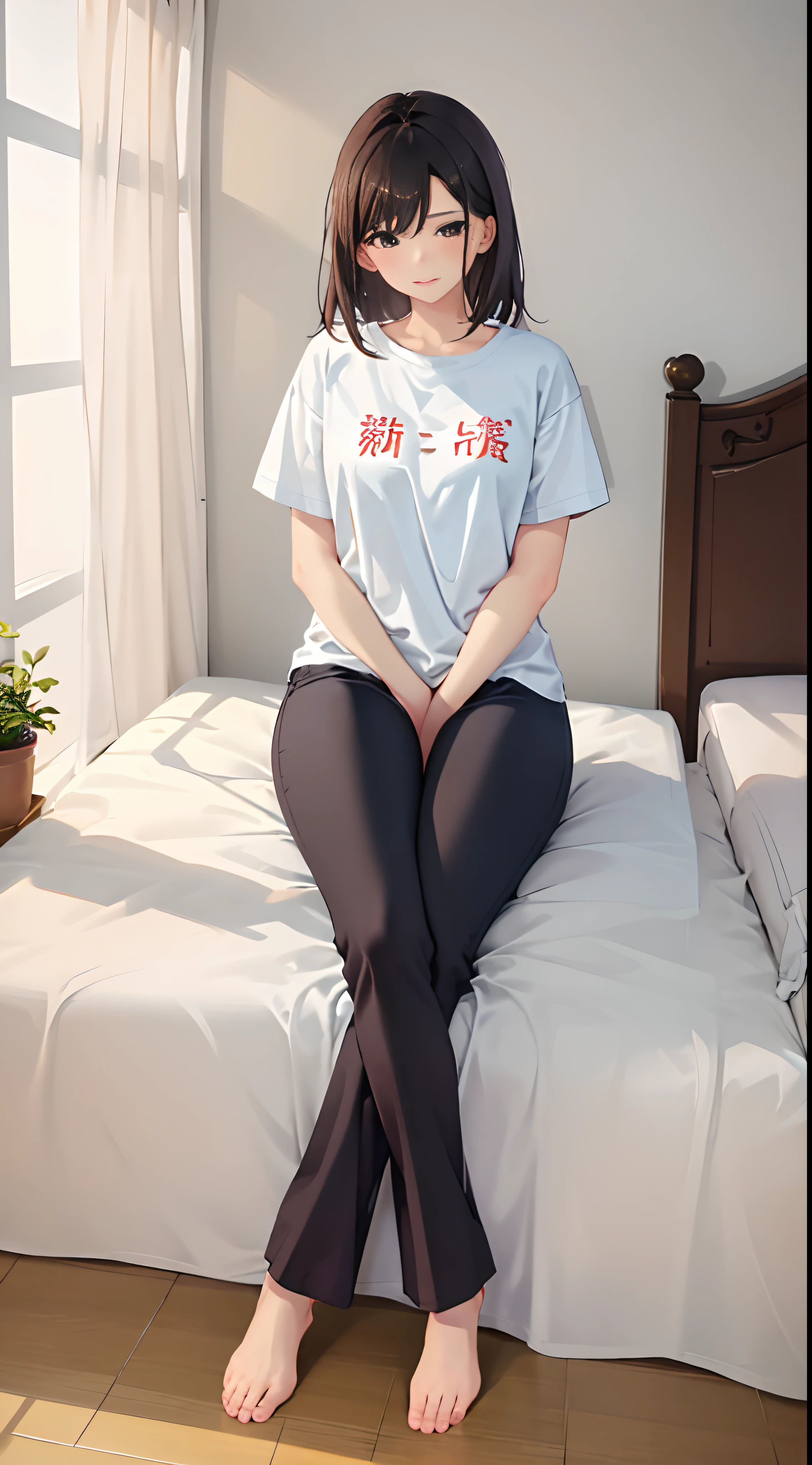 1girll, 独奏, Wear a light red T-shirt,Wear brown trousers,sit on a bed,The chest is large,Perfect hands,Black eyes,exposing thighs