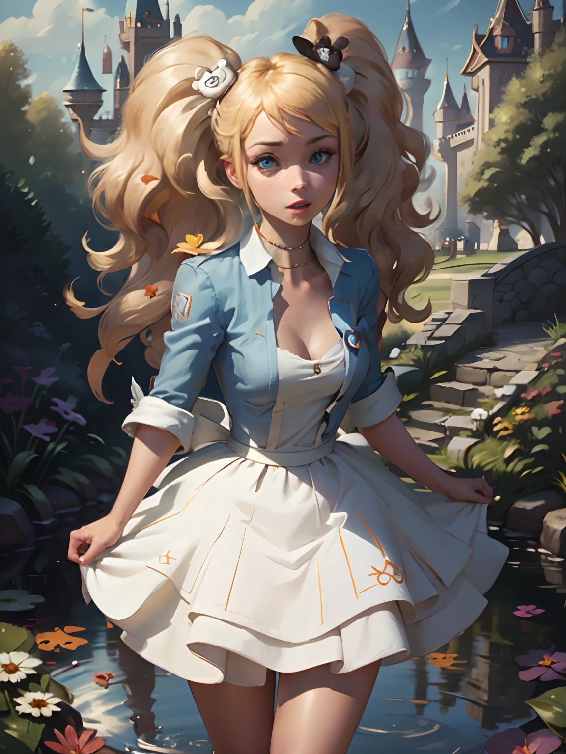 (masterpiece), (best quality), (extremely detailed), Malicious Alice liddell, blue dress, white apron,  black hairband, white stockings, showing rude string thong cute pose, in a flower garden, (pond), (((disney castle at the background))), (blue sky), (sunny day), 3d. Illustration, Good Highlights, Perfect Proportions, dynamic, Professional, Award winning, (high detailed skin), (high detailed face), photorealistic, HDR, ultra highres, absurdres,