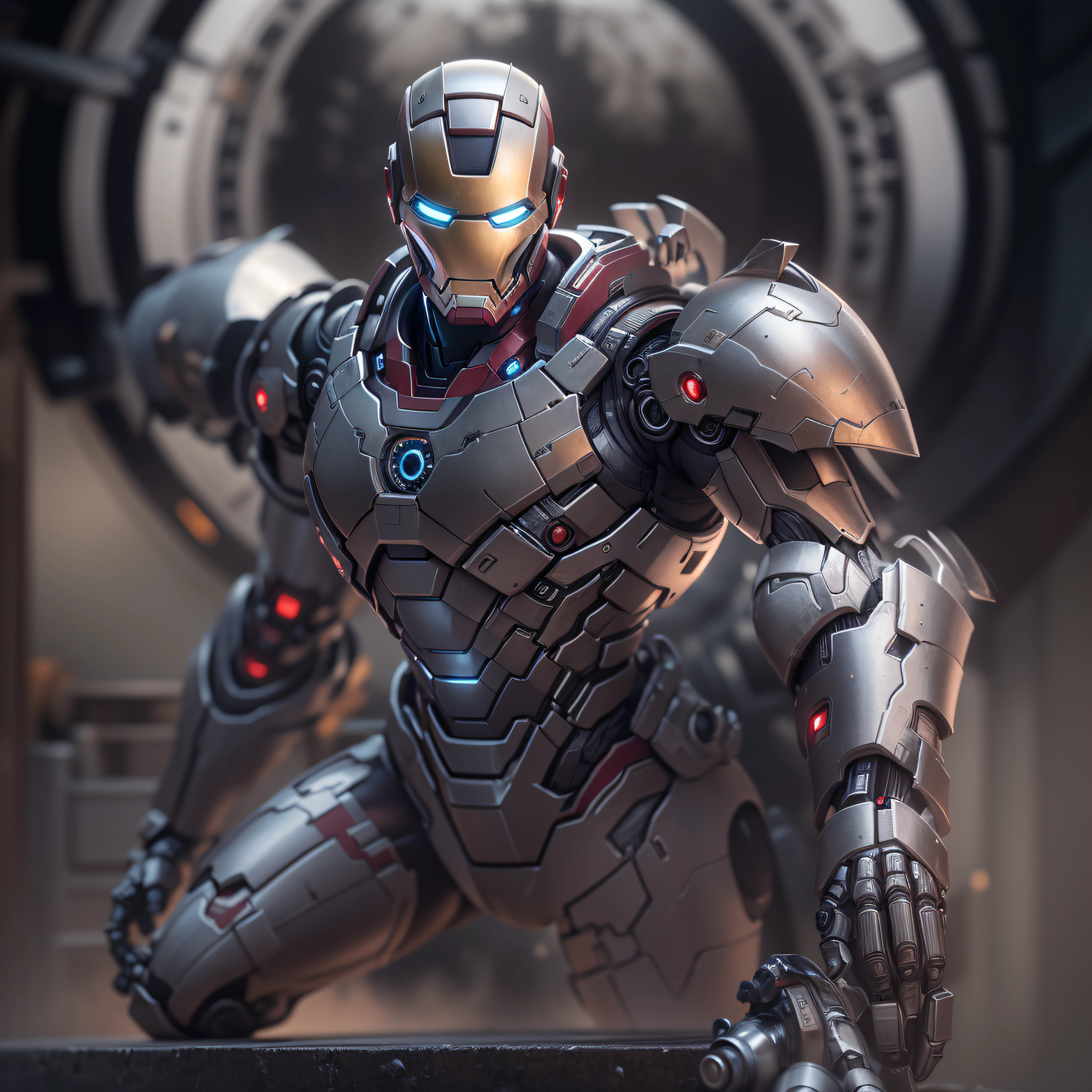 Superior Marvel's Iron Man photography, biomechanical, Complex Robot, Full growth, hyper realistic, Crazy little details, extremely clean lines, Cyberpunk aesthetic, Masterpiece featured at Zbrush Central. His armor is pure Silver chrome titanium, a futuristic masterpiece of sci-fi, glowing under the soft studio light. The suit's details are meticulously designed, with a level of detail worthy of an ArtStation digital painting. The contrast of the armor with the armory vault creates a very beautiful and elegant composition. The Nikon Z7 camera model has allowed capturing the minutest details, with its Nikon AF-S NIKKOR 70-200mm f/2.8E FL ED VR lens and configuration of f/4 aperture, 1/60 speed and ISO 200. The dramatic lighting and smooth, sharp focus are testament to the wonders that modern camera technology can achieve. The image has been processed with a –s 6000 rendering, resulting in a visually impressive finish –chaos 60 (aspect ratio 1:1) –w 1920 –h 1920, photo-realistic, octane render, unreal engine, ultra-realistic