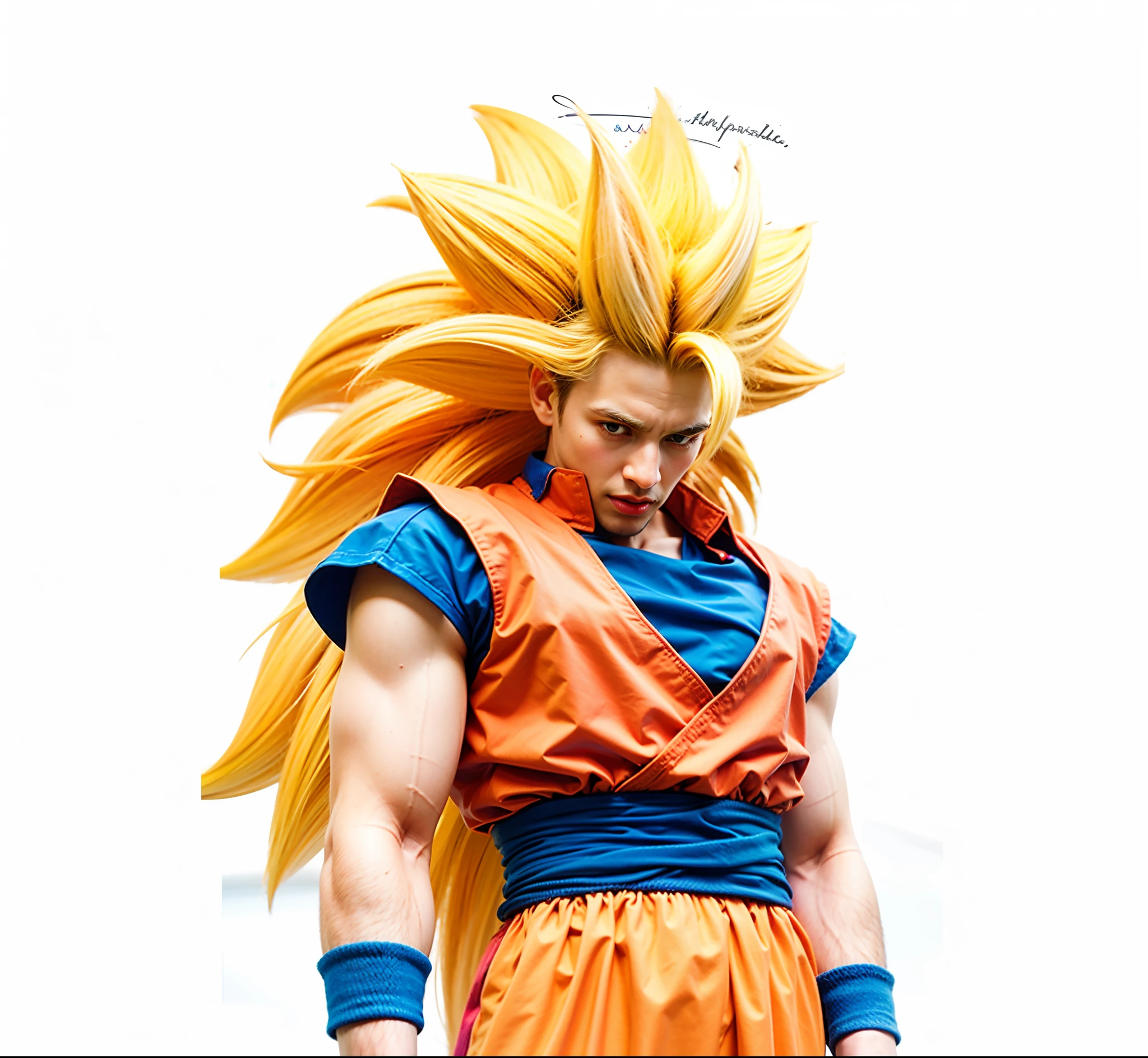 male character, with long yellow hair, orange sleeveless top shirt, blue shirt underneath, blue waist belt, blue cloth bracelet