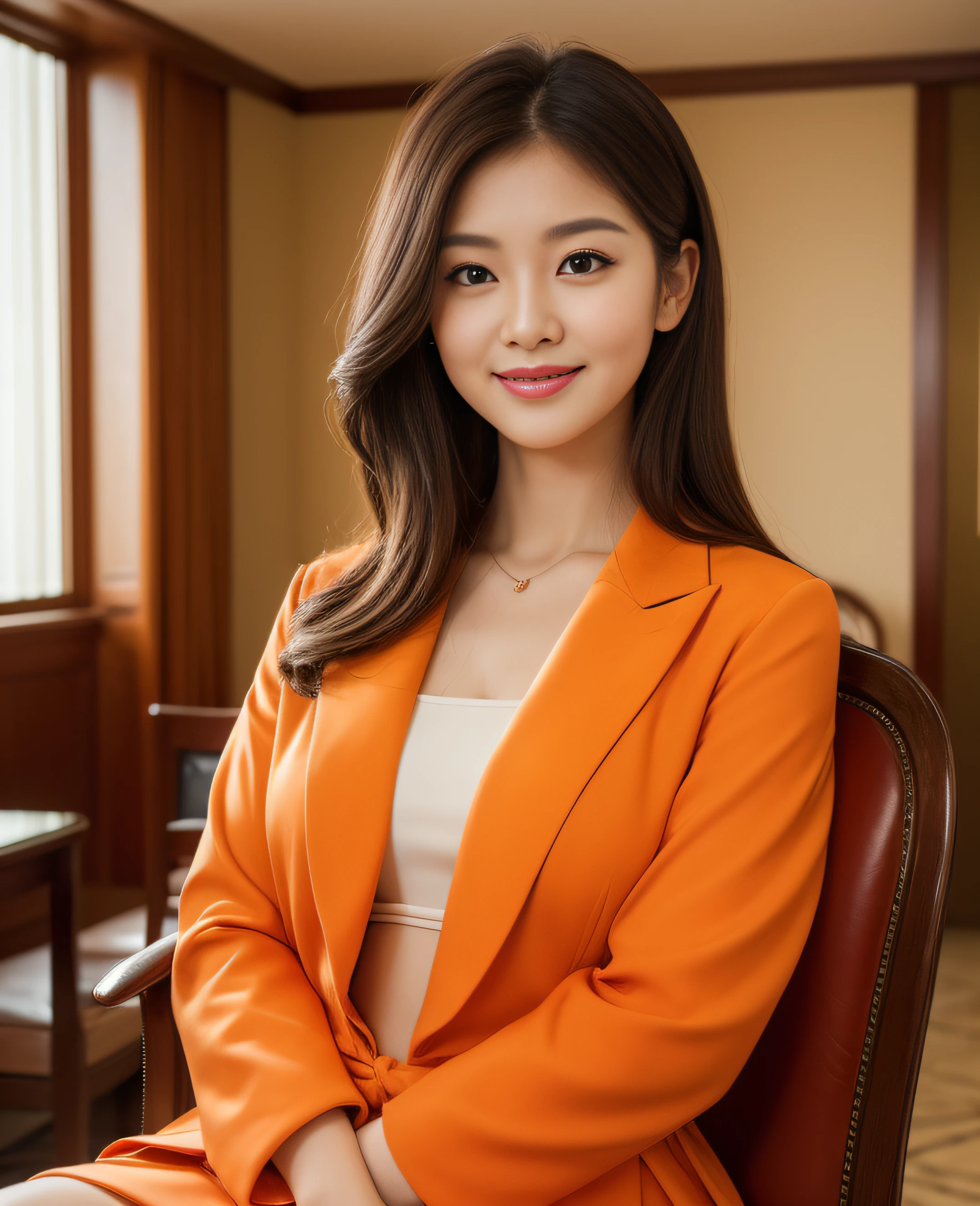 ((Top quality, 8K, Masterpiece: 1.3)), Beautiful girl, Pure, Melon face, Kind and cute, Sweet smile, Pure desire, Slender body, (Front), (Tilted head), ((Looking at camera) ), wearing a red orange suit, black silky medium hair, long flowing shoulders, normal chest, round black big eyes, clear big eyes, moist red lips, sweet, sitting on a chair, hotel The background of the room, (((waist shot))), ,