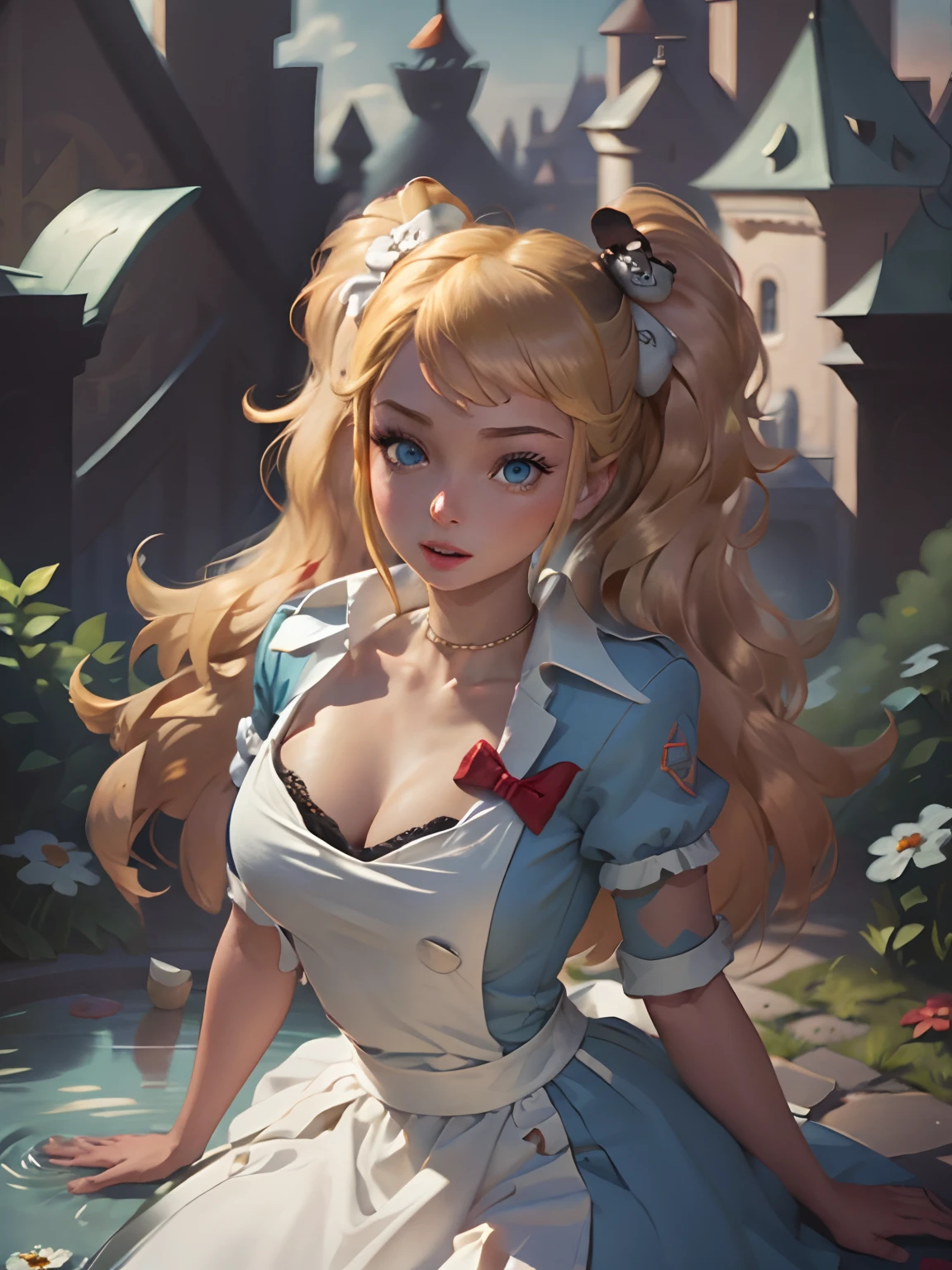 (masterpiece), (best quality), (extremely detailed), Malicious Alice liddell, blue dress, white apron, black hairband, white stockings, showing rude string thong cute pose, in a flower garden, (pond), (((disney castle at the background))), (blue sky), (sunny day), 3d. Illustration, Good Highlights, Perfect Proportions, dynamic, Professional, Award winning, (high detailed skin), (high detailed face), photorealistic, HDR, ultra highres, absurdres,