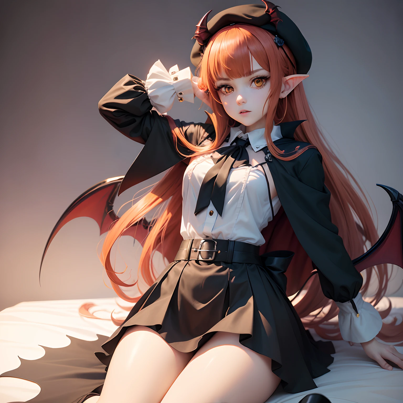 masutepiece, Best Quality, 1girl in, Solo, Yellow eyes, Red hair, medium chest, Demon Girl, demon tail, Demon Wings, small demonic horns, pointy ear,Twin-tailed, Bat hair ornament, Cape, White shirt, White legwear, stuffed toy, plushies, beret, gloves, Bangs, hat