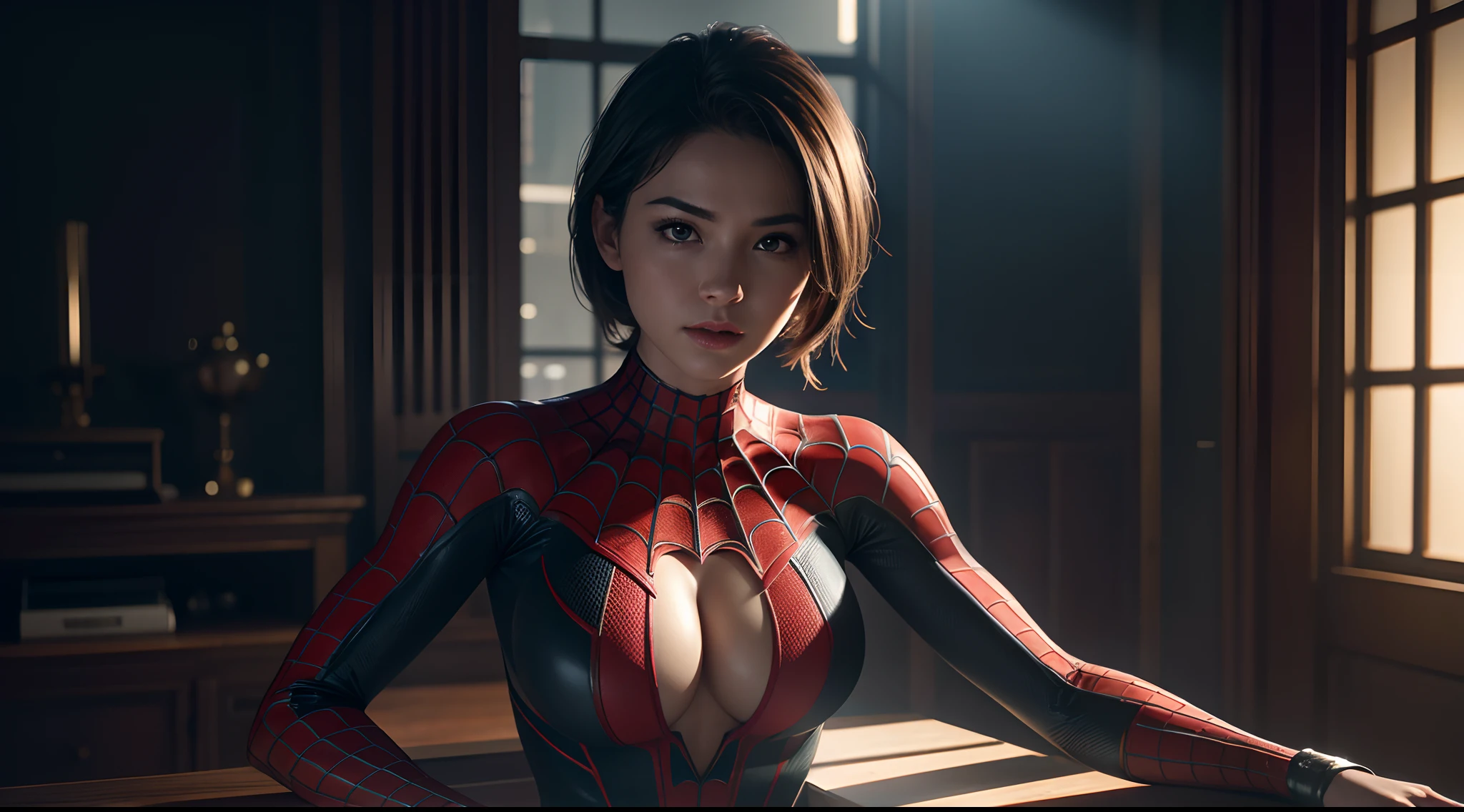 Spider-Girl (really big huge tits)
CGI with clear focus, Photorealistic, high detail, Realistic, Masterpiece, absurdress, Best Quality, HDR, hiquality, hight resolution, Extremely detailed, 8k wallpaper, intricate details, 8K UHD, Full-HD, (foto realista:1.2), Contrast, sharp lighting, Cinematic lighting, natural lighting, hard light, Backlighting, Global Illumination, Environment Occlusion