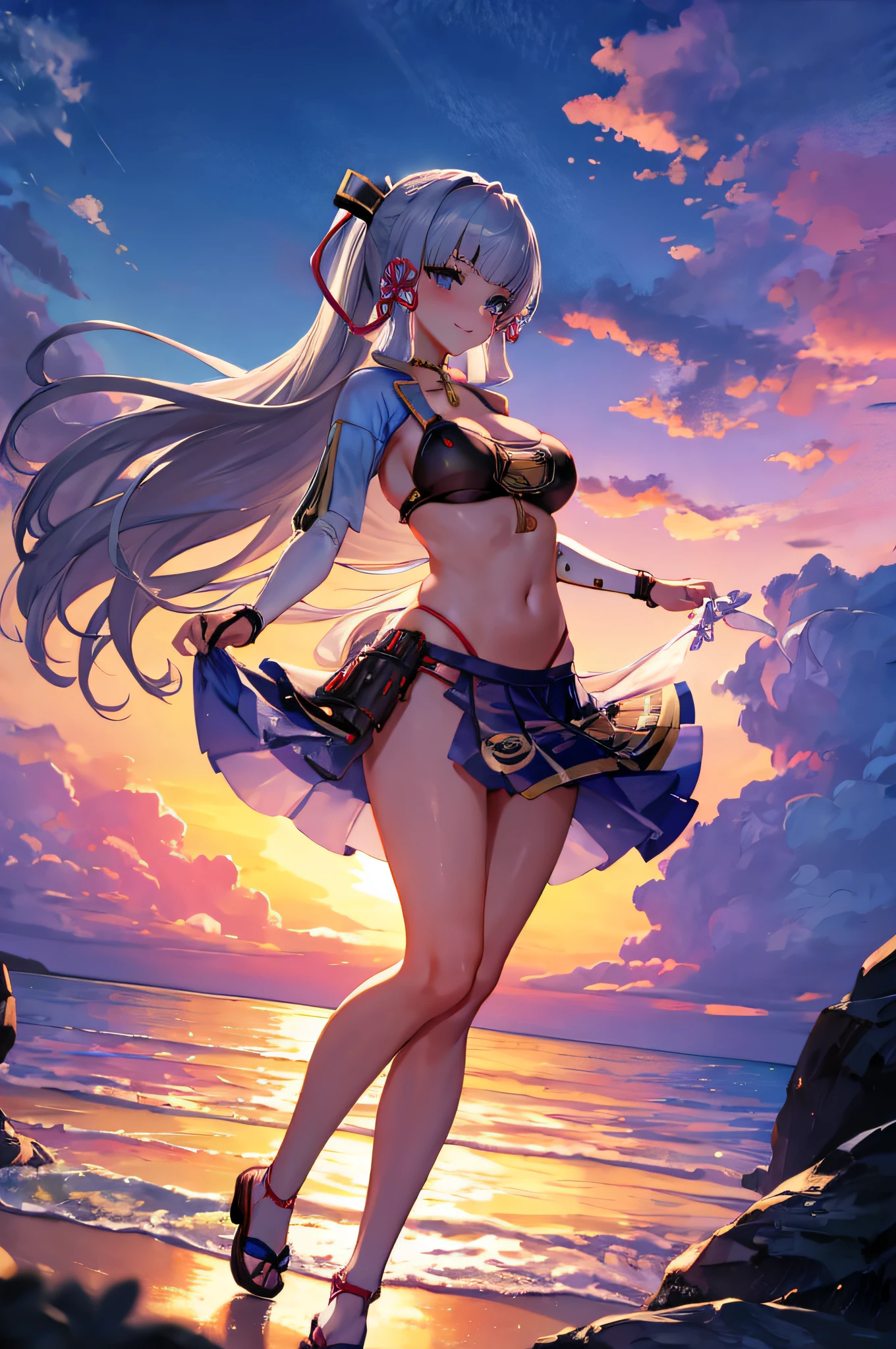(masterpiece, best quality, detailed) ,1girl,kamisatoayakadef,(silver hair) , in bikini standing on beach at sunset with ocean in background, at beach at sunset, in the beach, at the beach on a sunset, at a beach, at the beach,((sunset)), standing at the beach, on a beach, on the beach at sunset, at the sea,eye details,teasing smile, clean detailed anime art,high resolution, (perfect hands, perfect anatomy),
