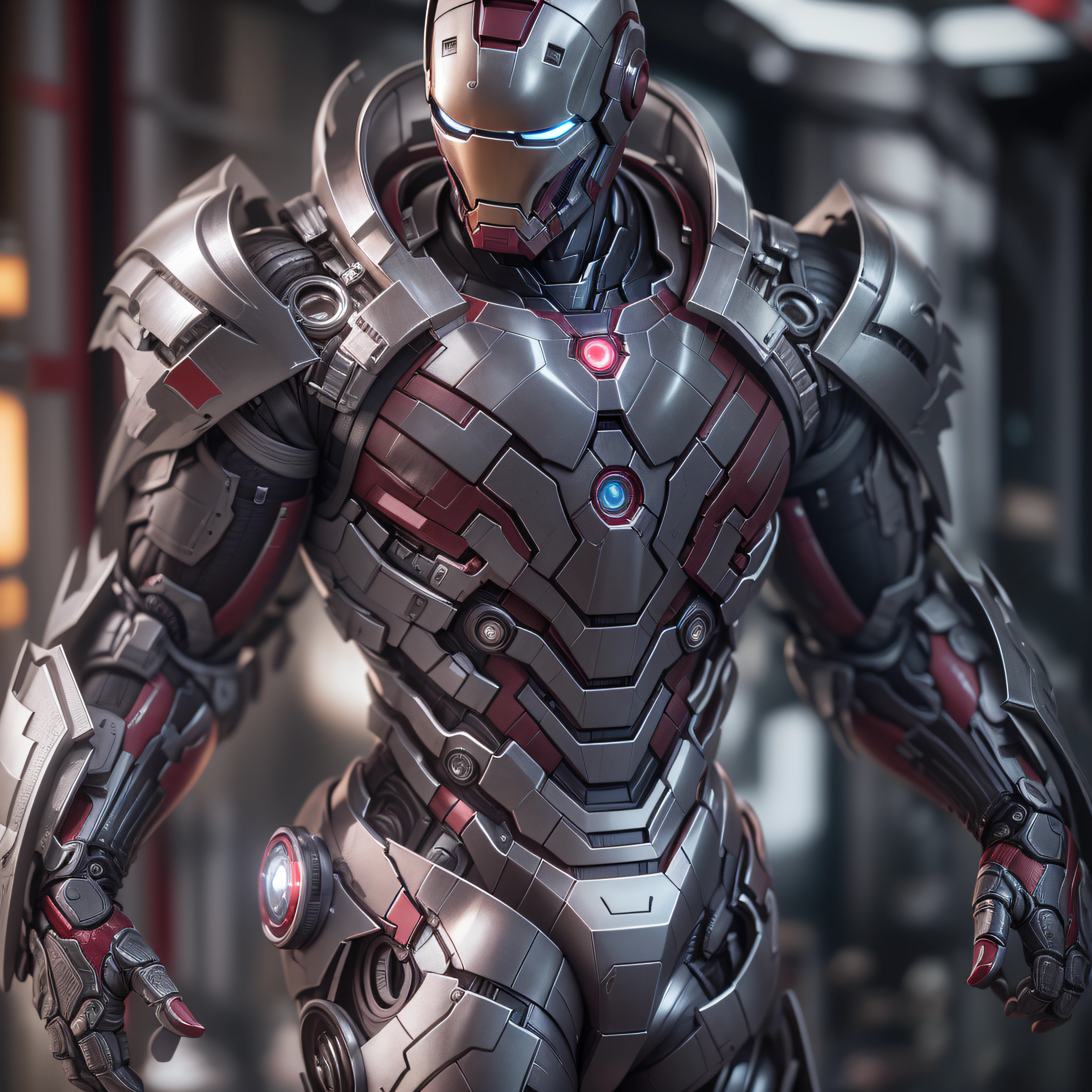 Superior Marvel's Iron Man photography, biomechanical, Complex Robot, Full growth, hyper realistic, Crazy little details, extremely clean lines, Cyberpunk aesthetic, Masterpiece featured at Zbrush Central. His armor is pure Silver chrome titanium, a futuristic masterpiece of sci-fi, glowing under the soft studio light. The suit's details are meticulously designed, with a level of detail worthy of an ArtStation digital painting. The contrast of the armor with the armory vault creates a very beautiful and elegant composition. The Nikon Z7 camera model has allowed capturing the minutest details, with its Nikon AF-S NIKKOR 70-200mm f/2.8E FL ED VR lens and configuration of f/4 aperture, 1/60 speed and ISO 200. The dramatic lighting and smooth, sharp focus are testament to the wonders that modern camera technology can achieve. The image has been processed with a –s 6000 rendering, resulting in a visually impressive finish –chaos 60 (aspect ratio 1:1) –w 1920 –h 1920, photo-realistic, octane render, unreal engine, ultra-realistic