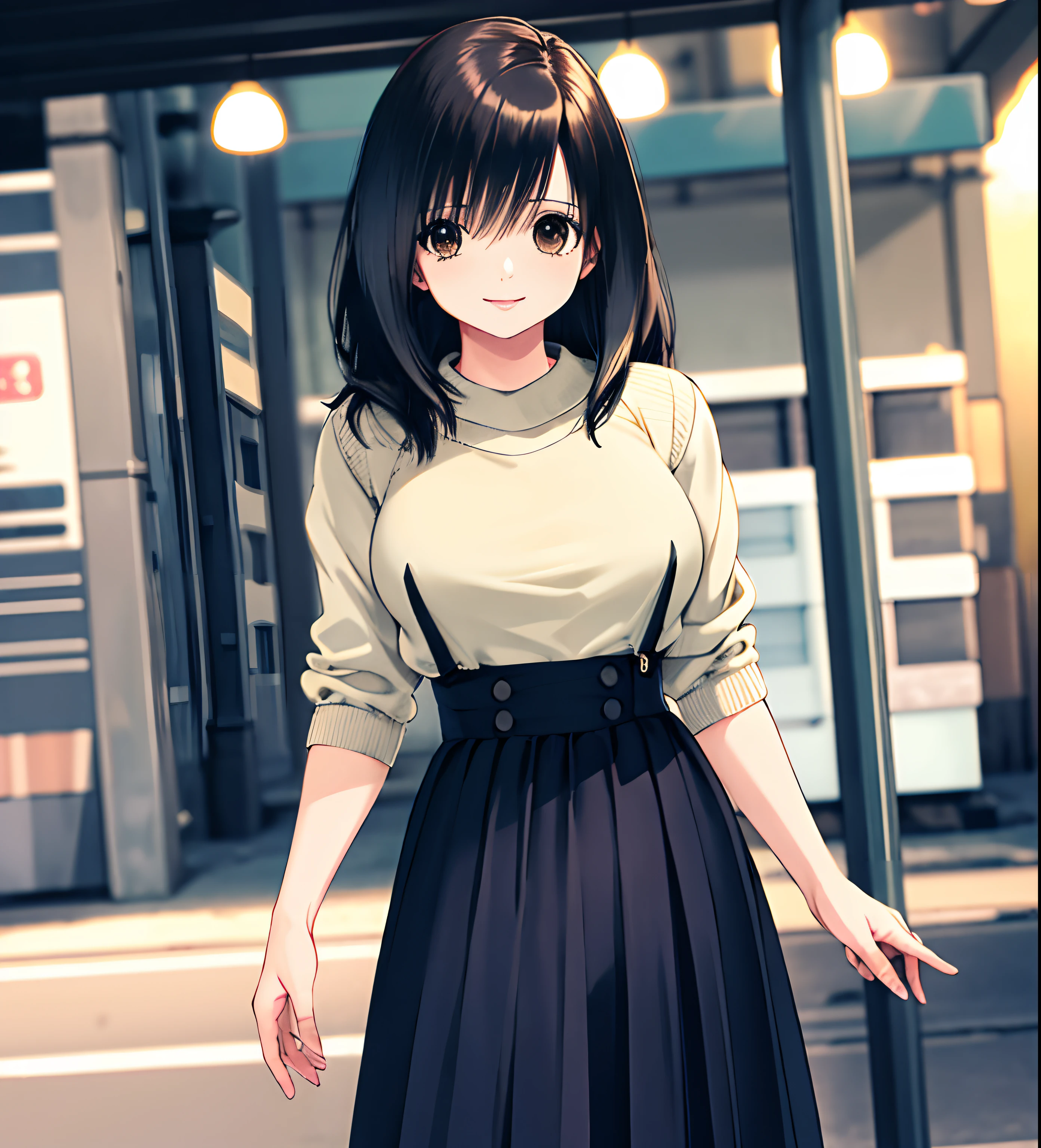 masterpiece, best quality, highres, ichigoaya, solo, sweater, suspender skirt, high-waist skirt, cowboy shot, park, standing, smile