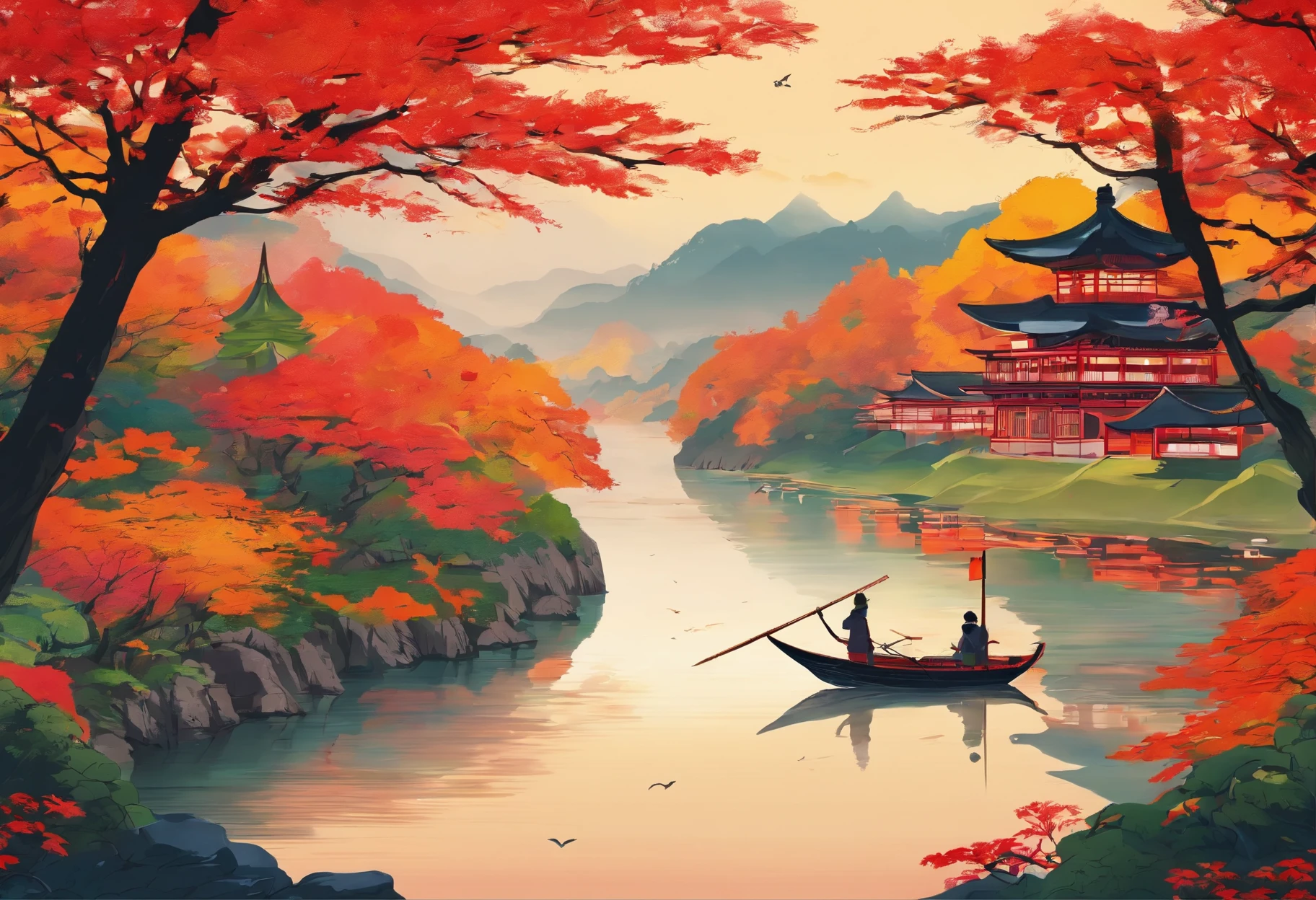 (masterpiece)、(Top image quality)、(Wallpaper-like)、reddish、verdant、amarelo、an orange、mont々Colorful autumn landscape、View of the Japan、mont々Below flows through the river、You can see people on a boat on the river、mont々:0.8,Boat、0.1