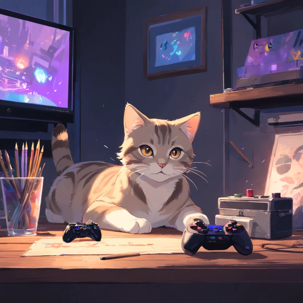 playful Light grey and tan tabby cat in the background, main focus on black game controller and art supplies, dark, simple design, Simple layout, brushstrokes, oil painting, Moody lighting, purple, black, red, dark atmosphere, art supplies everywhere