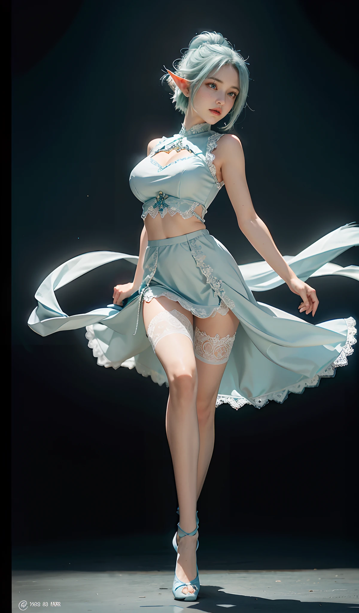 （Extremely normal body：2.0）A gorgeous stage background：1 Elf beauty，White crop top top，(Elf long ears)，Light blue ultra-short hair，extra very short hair，A bun，Blue-lace-trimmed maxi dress)，Long blue dress，The skirt that reaches the feet，White short stockings，Stocking feet，two longer legs，Normal feet ， very detailed eyes and faces， Sharp pupils， realistic pupil， tack sharp focus， cinmatic lighting，full bodyesbian，Bigboobs，long leges，From the front side，dynamicposes，Normal posture，closeup of face