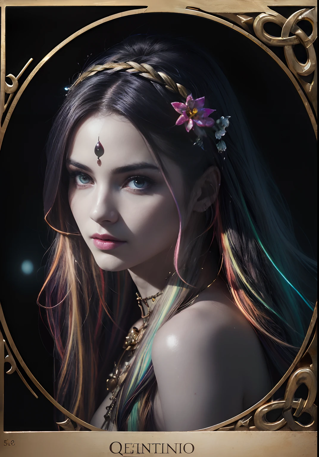 ancient temple, lantern and lantern and candles, night light, full moon, floating ancient clock, Celtic warrior woman, stone ruins, tall and slender, flowing dress with Celtic knot jewelry, procreate, watercolor technique, poster design, 300 DPI, soft lighting, ethereal art, mysterious and serene expression, enchanting atmosphere, bokeh, photo , 8k, dark, dynamic action, pale faded style, dreamy nostalgic, soft focus, dark vignettes, light leaks, medium photography, shadowy art painting, ethereal, whimsical, coarse grain photography, vikini with metals and gold, long hair silver, bronze skin, detailed and perfect eyes, full female body, transparent clothing, mandala and flower tattoo, ancient temple, lantern and lantern and candles, night light, full moon, floating ancient clock, analog style, model shoot style, RAW photo ((portrait:1.8)) of a (young girl:1.5), ((colorful photo:1.5)), (long hair, multicolored hair:1.7), ((cute face: 1.7, perfect face:1.3)), looking at viewer, (shiny body:1.5, pale skin:1.5), best quality, epic (by lee jeffries and quentin tarantino photo, sony a7, 50 mm, pores:1.5, colors, hyperdetailed:1.5, film grain:1.4, hyperrealistic: 1.5), octane render, hyper-realistic lifelike texture, masterpiece, unreal engine 5, Extremely detailed CG unity 8k wallpaper, realistic eyes, UHD, HDR, DSLR, Madly detailed photo, (ecstasy of light and shadow, deep shadow), (Winner of the Pulitzer Prize for Photography and Taylor Wessing Photographic Prize)