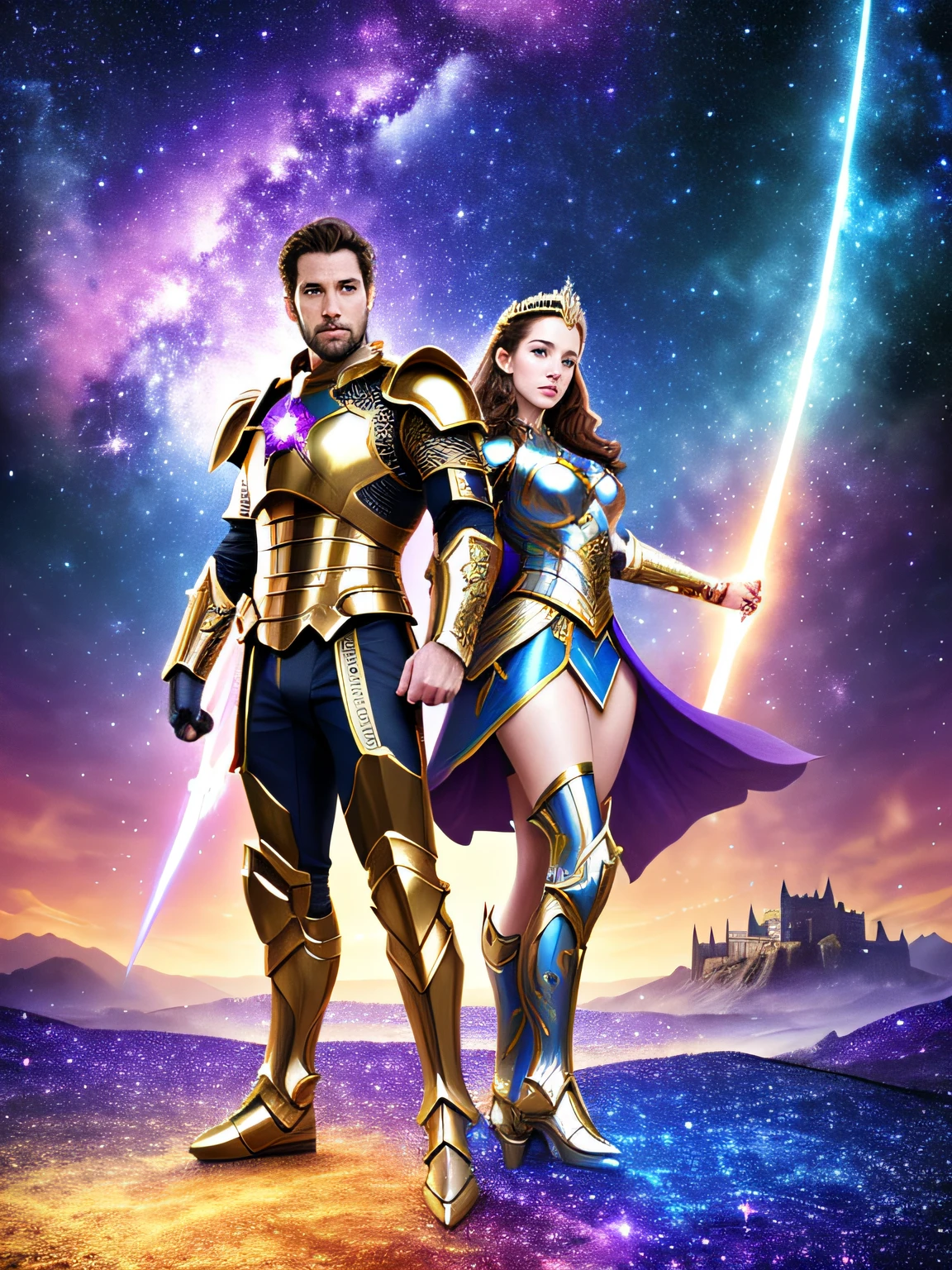 8k Poster movie , a beautiful woman princess and man knight in ((detailed Cosmic Armor)), (photorealistic face), ((ultra-detailed colorful armor)), pale skin, brunette, outdoors, full legs, foots, ultra-realistic, highly detailed, photo-real, intricate details, standing side by side face front , cinematic lighting, epic scenery, castle joungle,mountains,((elaborate epic starry background))