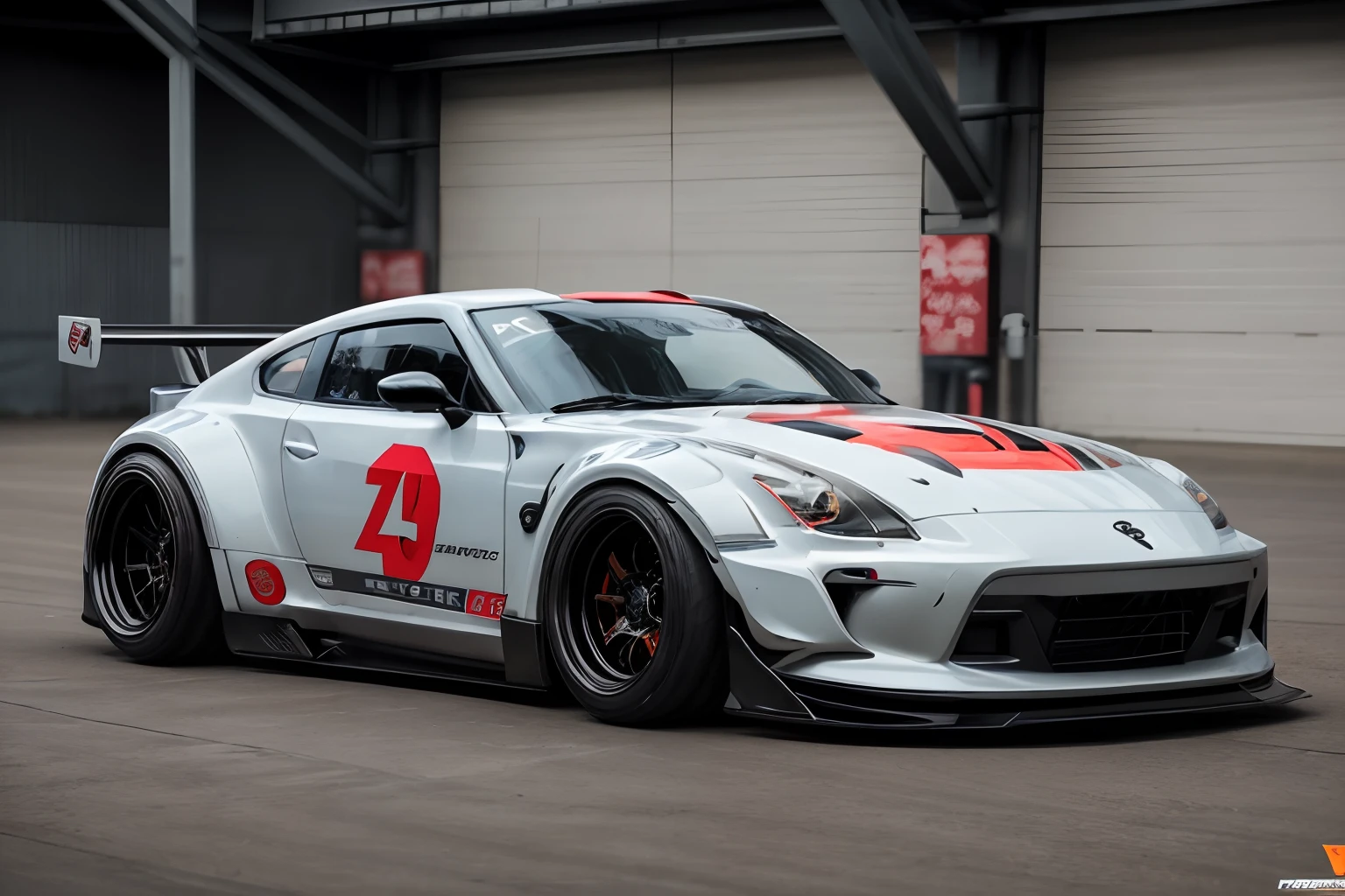 (LB-Works Full Complete: Liberty Walk)、(Nissan Fairlady Z　RZ34)、(Flashy design)、(Carbon Bonnet)、Live-action、in detail、Deep Rim、5 discs in detail、Wide tires、Running on the race track、