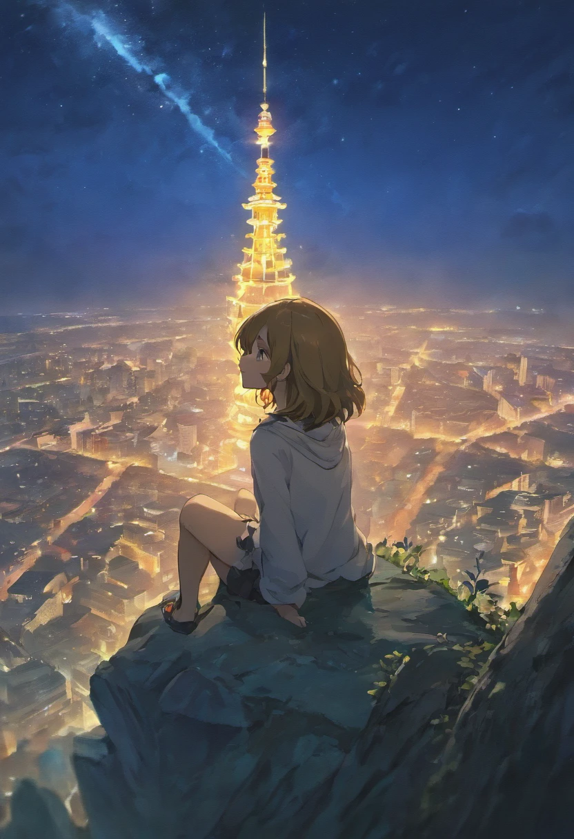 Anime girl sitting on rock looking at the sky,The distant Sky Piercing Tower, Makoto Shinkai Cyril Rolando, Anime art wallpaper 4 K, Anime art wallpaper 4k, cyril rolando and goro fujita, Anime art wallpaper 8 K, 4K anime wallpaper, Anime wallpaper 4 k, Anime wallpaper 4K, ( ( Makoto Shinkai ) ), Makoto Shinkai!
