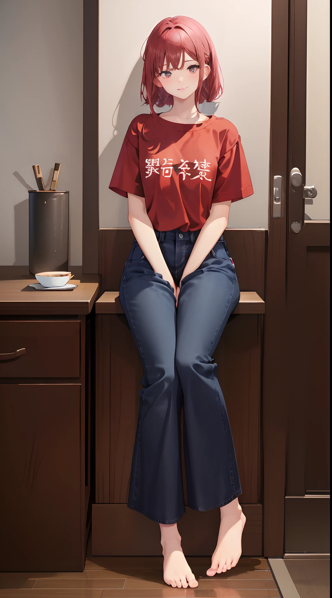 1girll, 独奏, Wear a solid red T-shirt，Brown pants，Sit at the table，The chest is large，Perfect hands，Black pupils，Exposing thighs，Barefoot