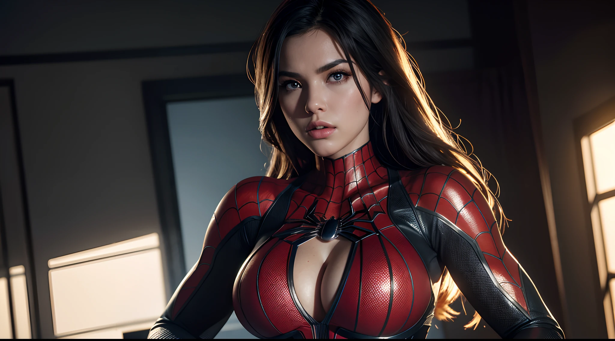 Spider-Woman (really big voluminous tits)
CGI with clear focus, Photorealistic, high detail, Realistic, Masterpiece, absurdress, Best Quality, HDR, hiquality, hight resolution, Extremely detailed, 8k wallpaper, intricate details, 8K UHD, Full-HD, (foto realista:1.2), Contrast, sharp lighting, Cinematic lighting, natural lighting, hard light, Backlighting, Global Illumination, Environment Occlusion