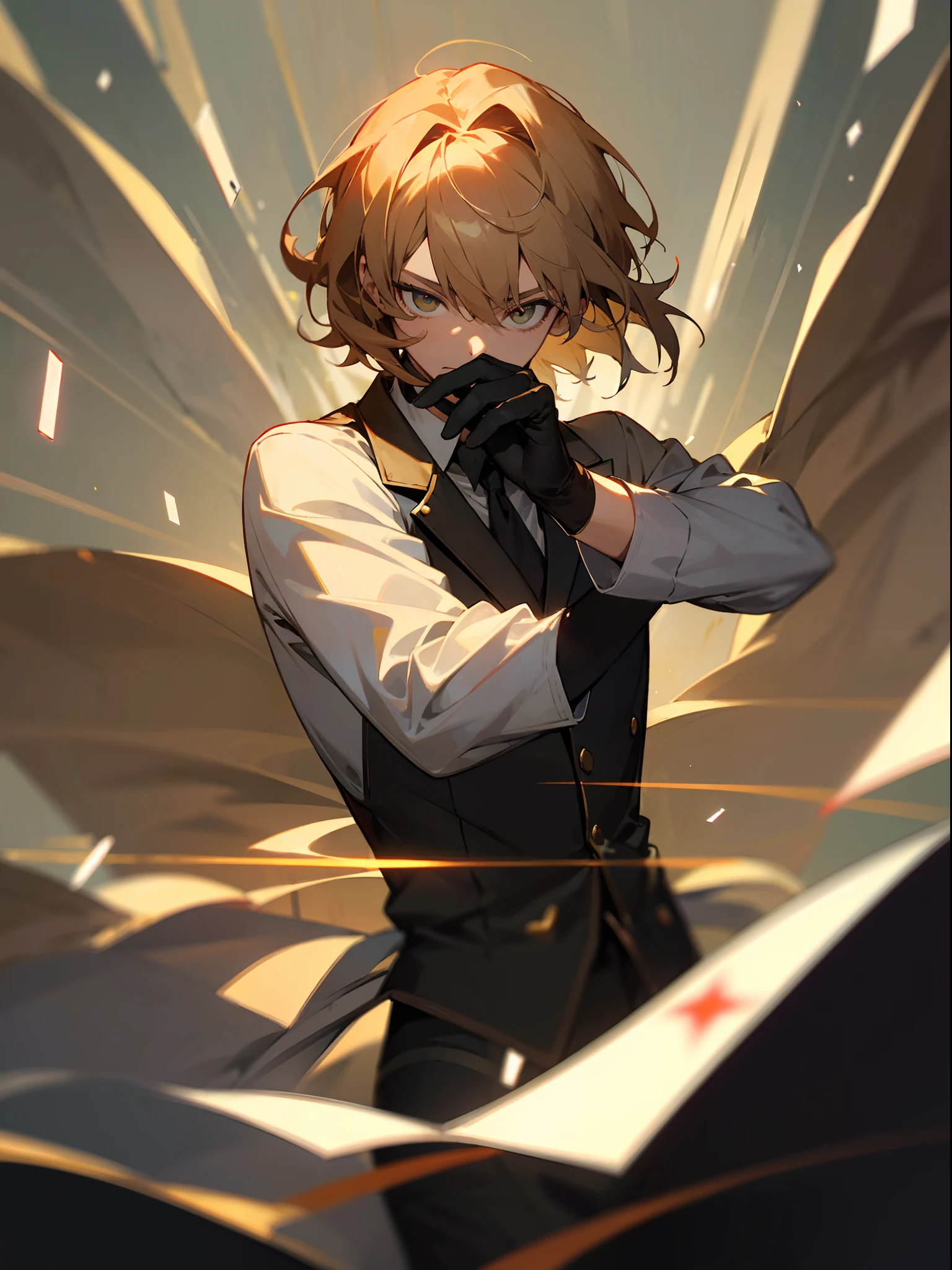((Best quality, 8K, Masterpiece: 1.4)),((Amazing detail: 1.3)),((illustration: 1.2)),((high resolution: 1.1)),1 man,Hold 1 playing card to cover your face,Wear black gloves,One eye is exposed,Eyes glow,Anime style,wear suit,casino background,Delicate,Combat posture,with short golden hair,Depth of field, Cinematic lighting, Motion blur