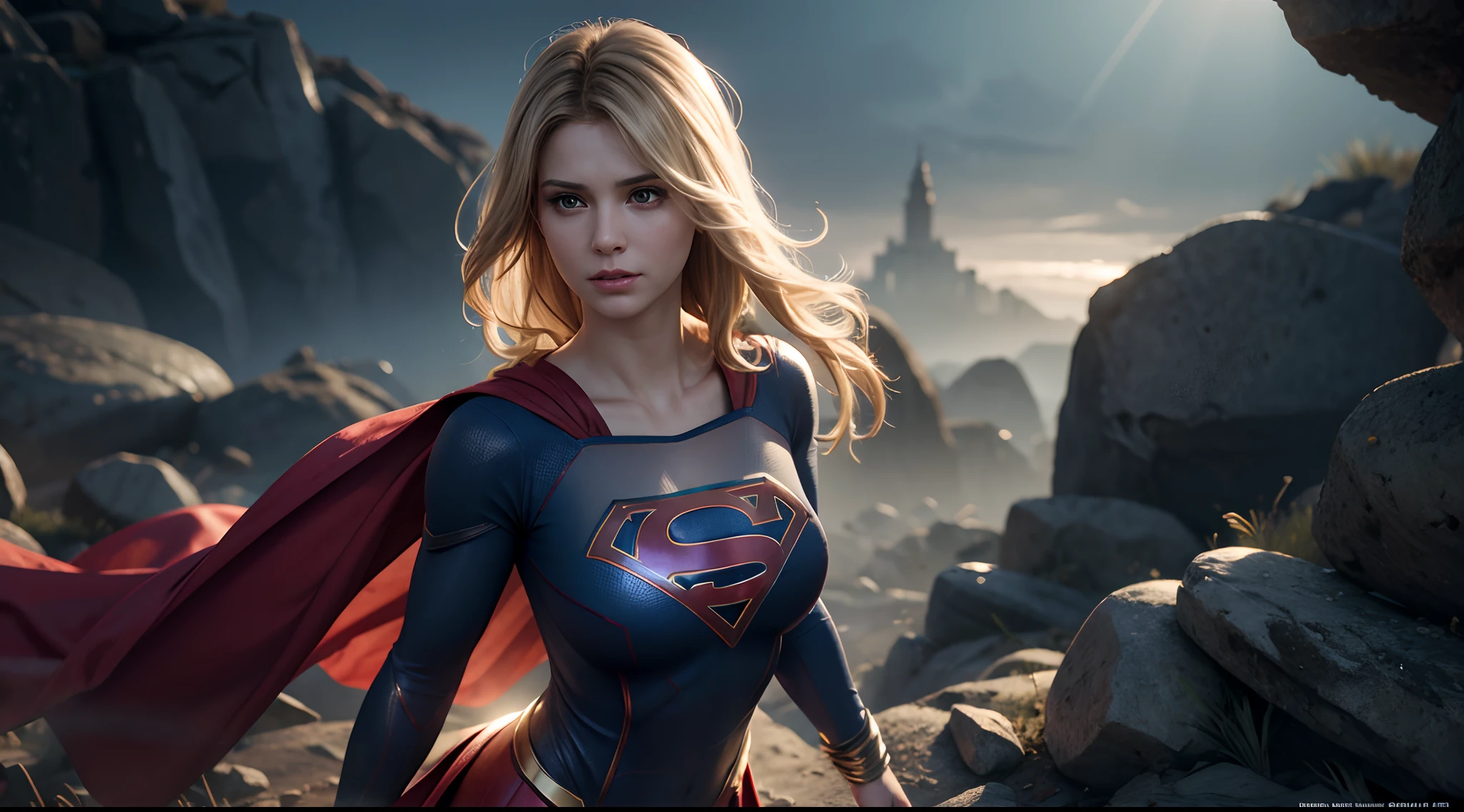 Supergirl, olhos azuis, blonde hair, cabelos longos, cabo, Superheroíne, saia, Botas, (blonde girl:1.5), (breast focus:1.2), (Realistic:1.2), (distant view: 1.2), (realismo:1.2), (master part:1.2), (melhor qualidade), (ultra detalhado), (8k, intrincado), (corpo inteiro:1.5), (85 millimeters), light particles, The lighting, (altamente detalhado:1.2), (Rosto detalhado:1.5), (Gradientes), SFW, colorido, (Olhos detalhados:1.5), (Antecedentes detalhados), (Dynamic angle:1.2), (dynamic pose:1.2), (regra de terceiro_compositing:1.3), (action line:1.2), tiro largo, luz do dia, sozinho.