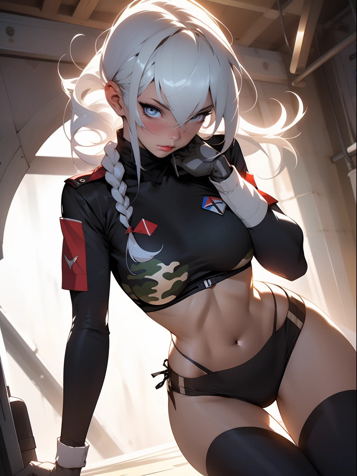 ((Best quality)), ((Masterpiece)), (Detailed: 1.4), (Absurde), A female fighter pilot ready for war in a military bikini, marin, dark skinned, slim body defined, corps entier, Cuisses nues, mouth closed, Cyberpunk, half-naked, generous neckline, ((Perfect huge breasts)), (Yeux bleu clair super clairs sans pupilles), (((Bikini camouflage militaire)), (((cheveux blancs avec tresse)))), longs cils maquillage lourd, porte-jarretelles, jumeler beaucoup, niji --V5, close to real, psychopathe, visage parfait, sexy pose, Background city, 2 piece clothes, , scale to suit dimensions, Hdr (High Dynamic Range),Ray Tracing, NVIDIA RTX,Super-Resolution,Unreal 5,Dispersion souterraine, PBR Texture, Post-traitement, Filtrage anisotrope, profondeur de champ, Maximum Clarity and Sharpness, Textures multicouches, Albedo and specular maps, Ombrage de surface, Accurate Simulation of Light-Material Interaction, Proportions parfaites, Rendu octane, two tone lighting, Grande ouverture, ISO faible, Balance des blancs, Rule of Thirds, 8K RAW, Crysisnanosuit Bikini, thigh gap, belles hanches, show knees